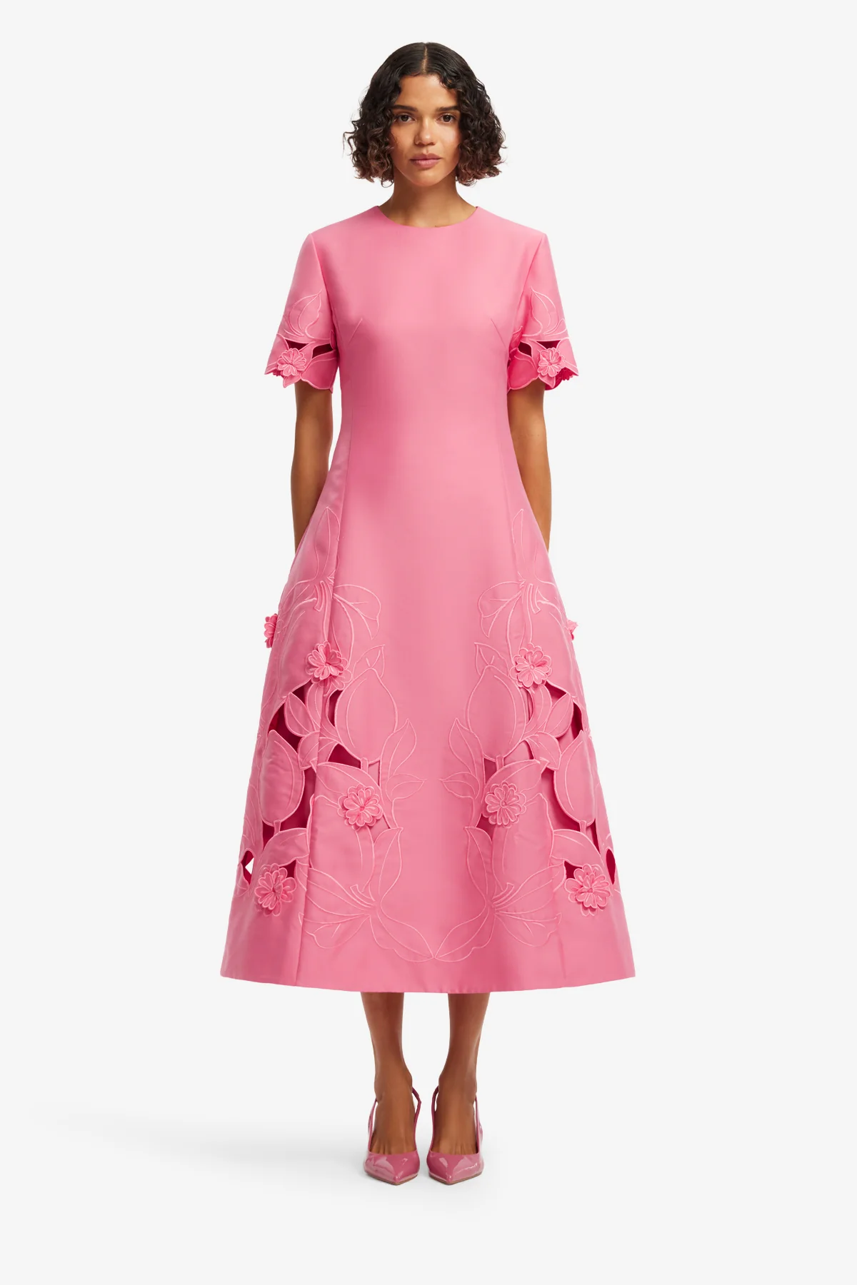 Caroline Appliqué Short Sleeve Midi Dress - Fuchsia - Image 2