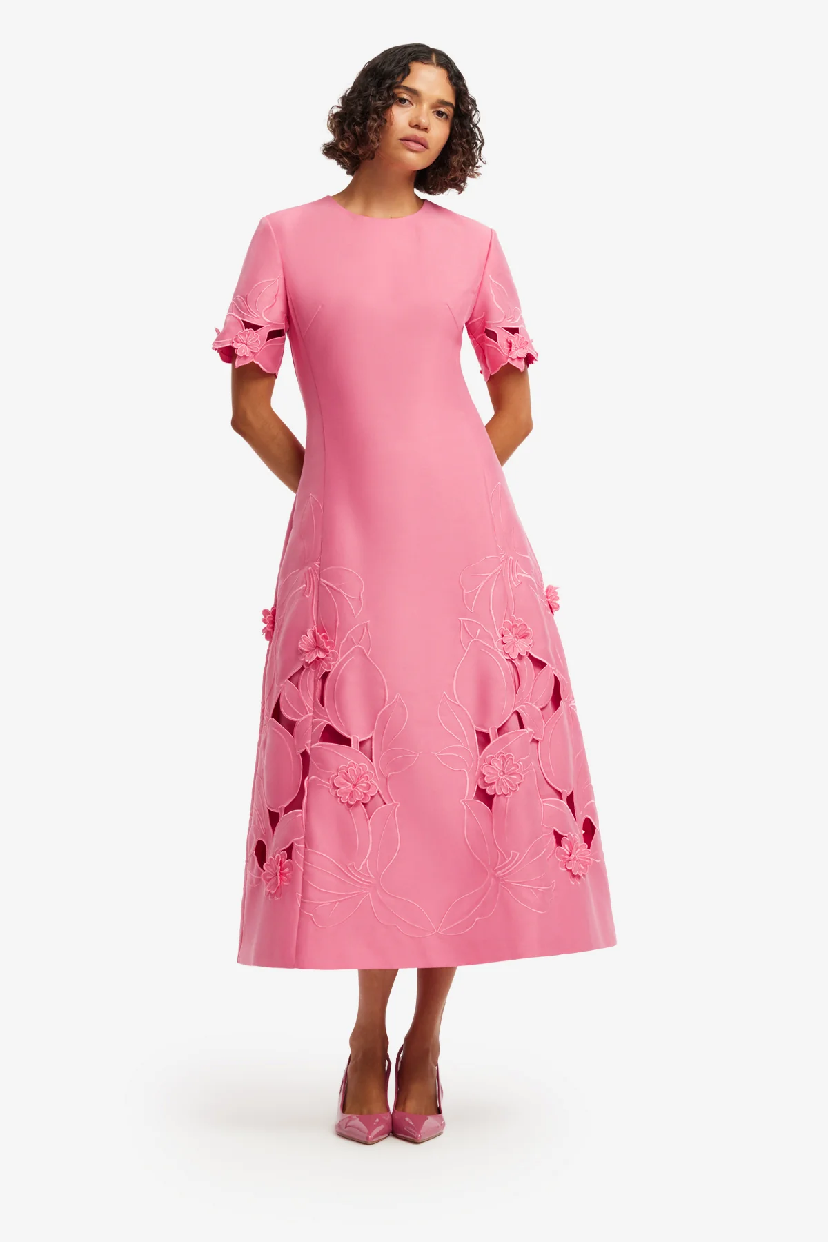 Caroline Appliqué Short Sleeve Midi Dress - Fuchsia - Image 3