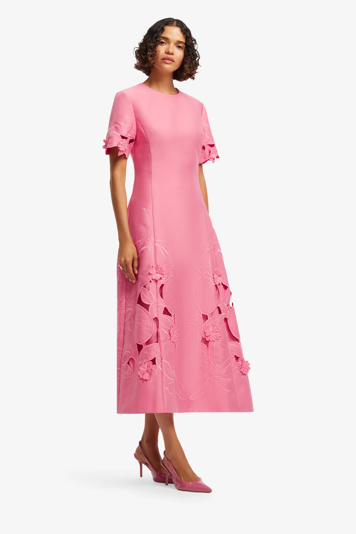 Caroline Appliqué Short Sleeve Midi Dress - Fuchsia - Image 4