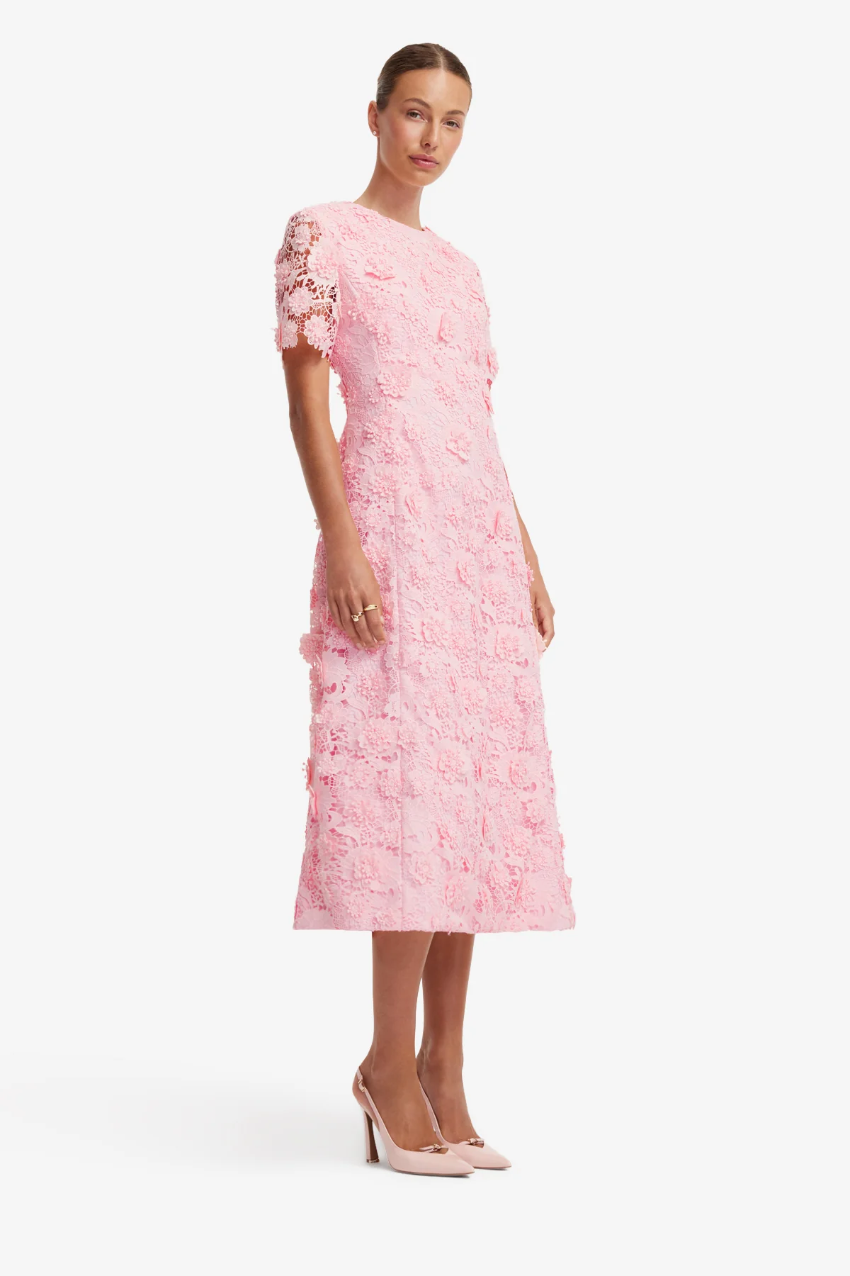 Caroline Lace Short Sleeves Midi Dress - Blush Pink - Image 3