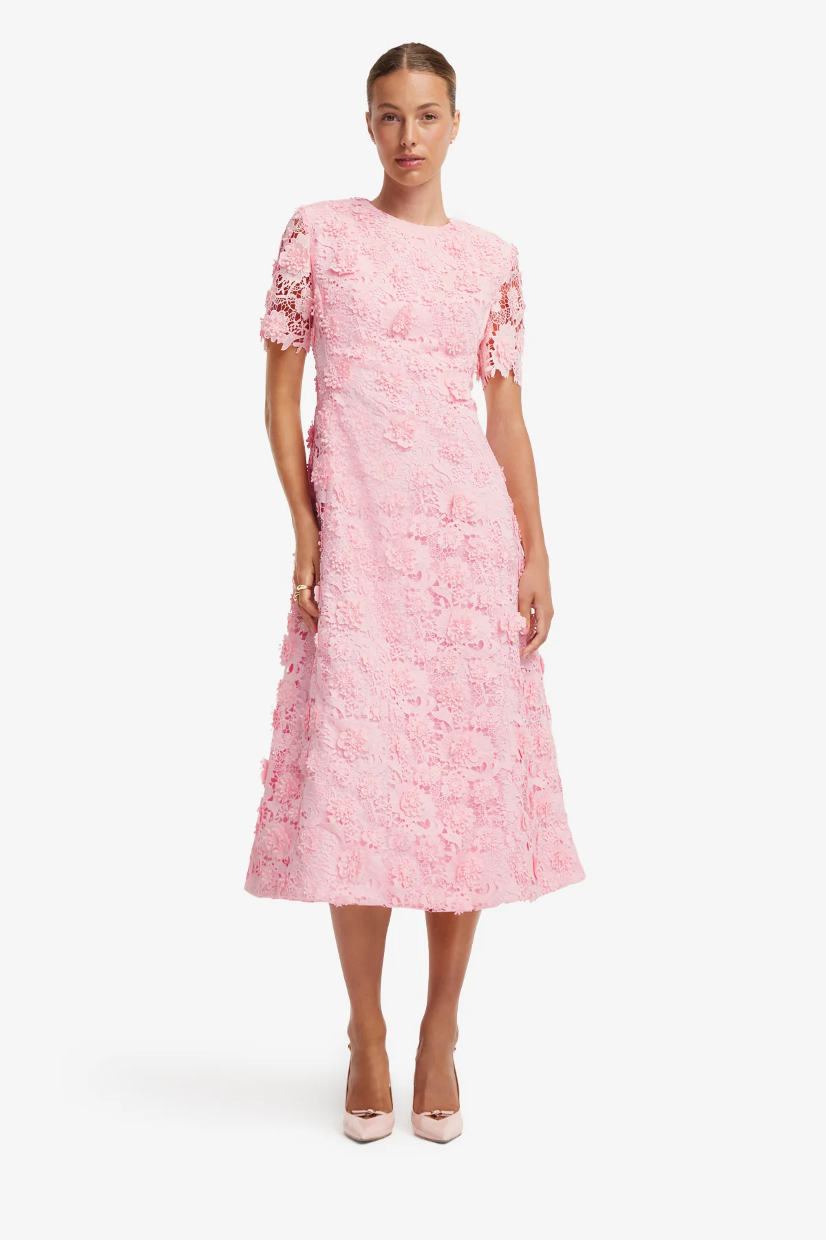 Caroline Lace Short Sleeves Midi Dress - Blush Pink - Image 4