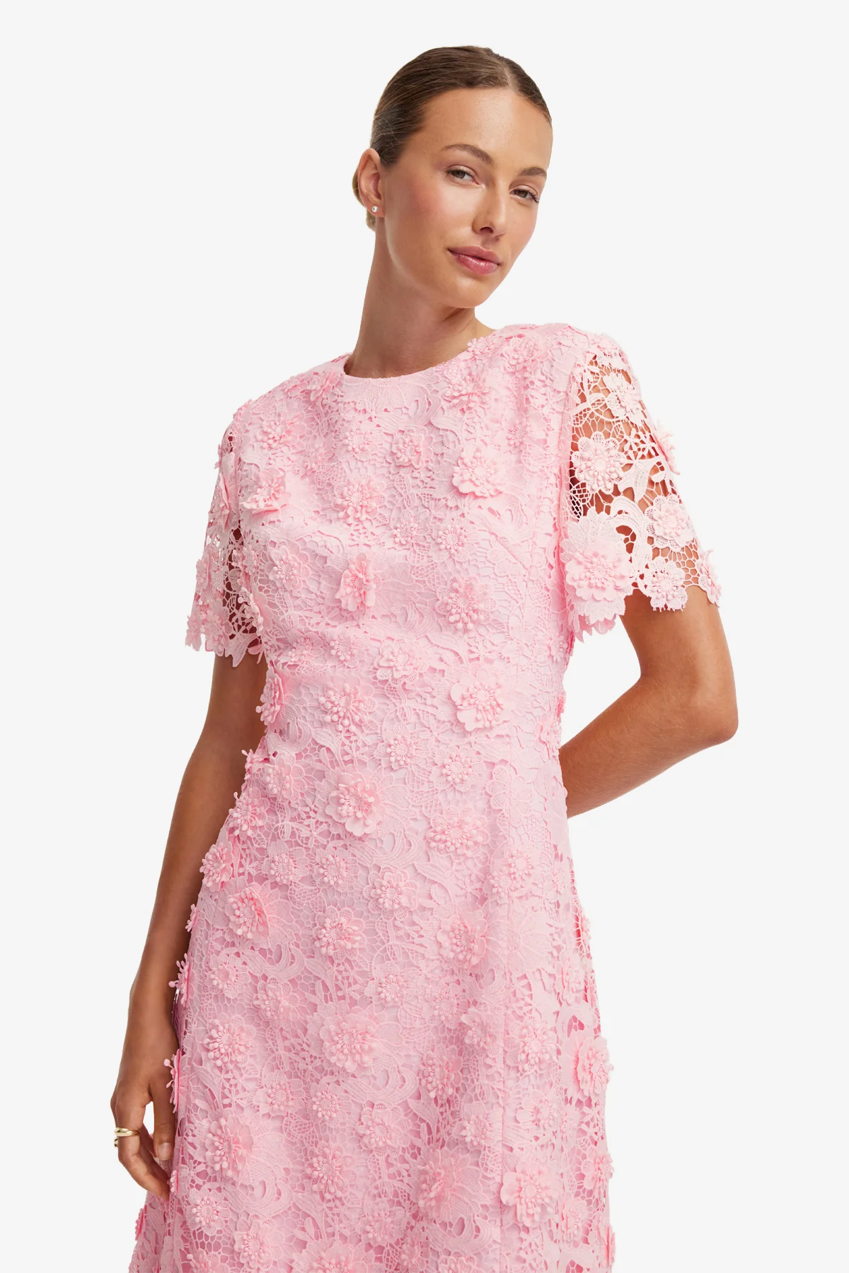 Caroline Lace Short Sleeves Midi Dress - Blush Pink - Image 5