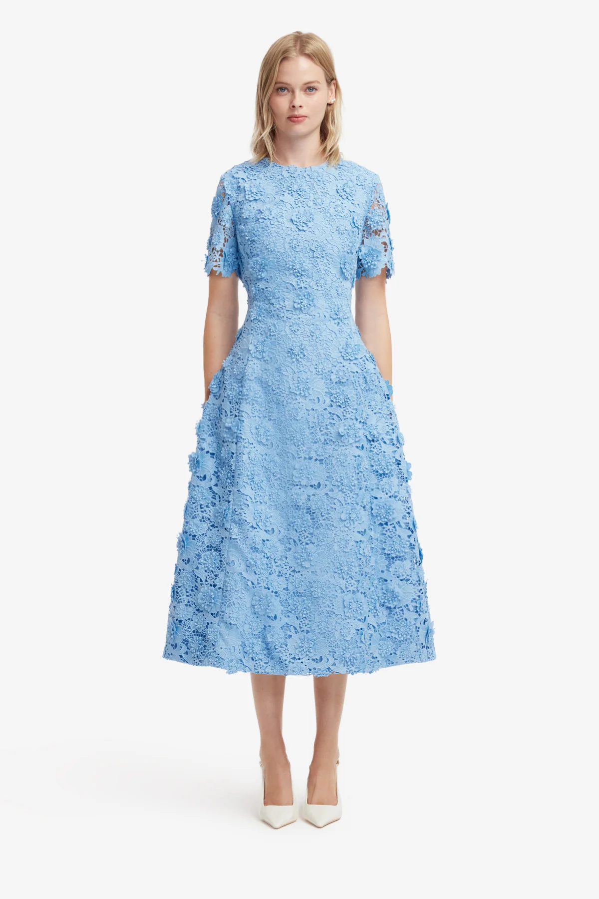 Caroline Lace Short Sleeves Midi Dress - Pastel Blue - Image 2