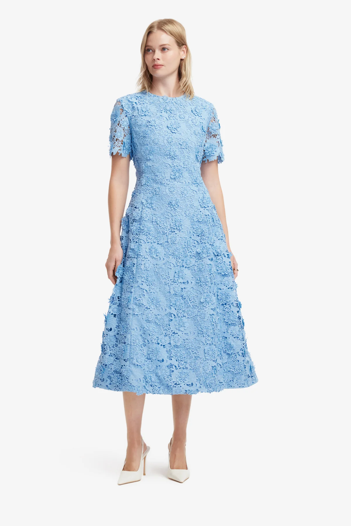 Caroline Lace Short Sleeves Midi Dress - Pastel Blue - Image 3