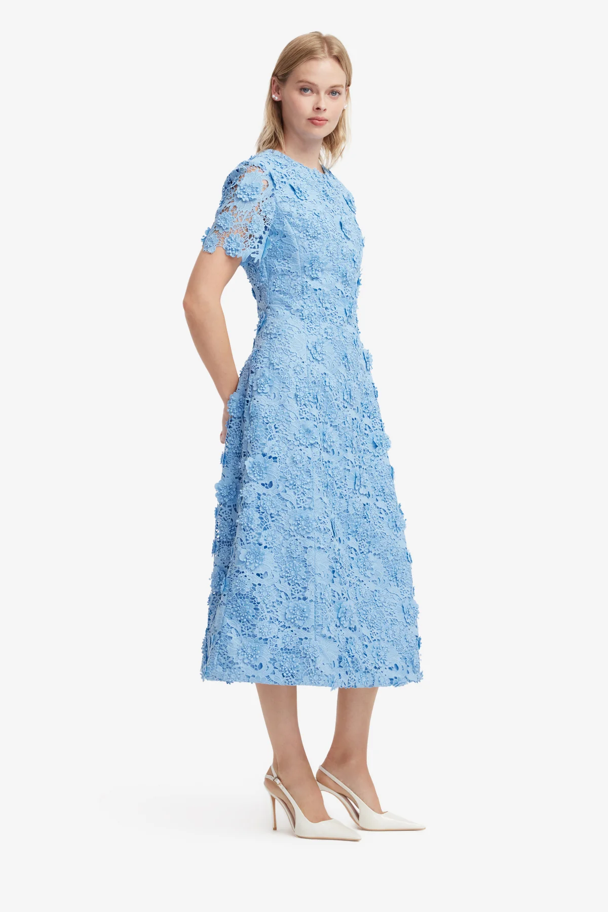 Caroline Lace Short Sleeves Midi Dress - Pastel Blue - Image 4