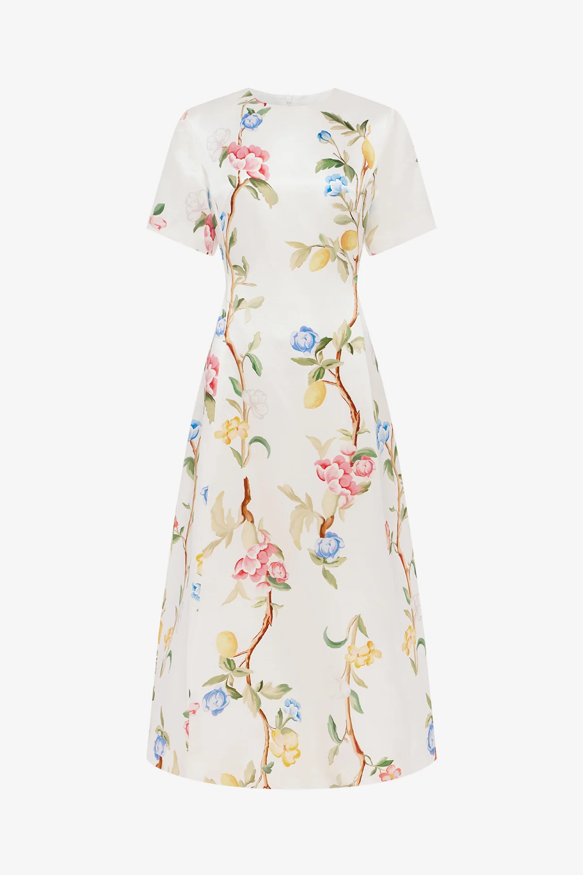 Caroline Short Sleeve Midi Dress - Lemon Vine Print in Snow
