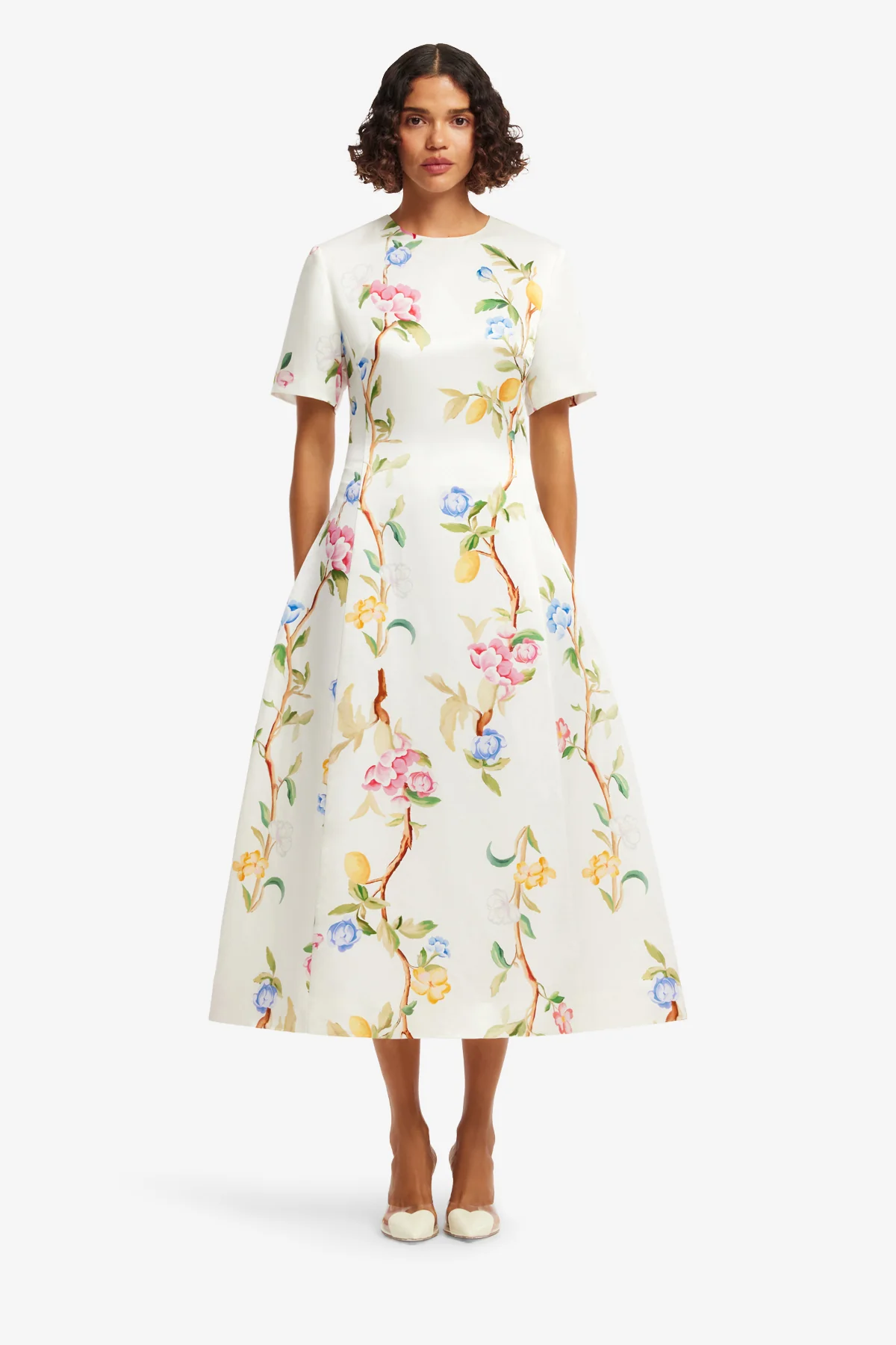 Caroline Short Sleeve Midi Dress - Lemon Vine Print in Snow - Image 2