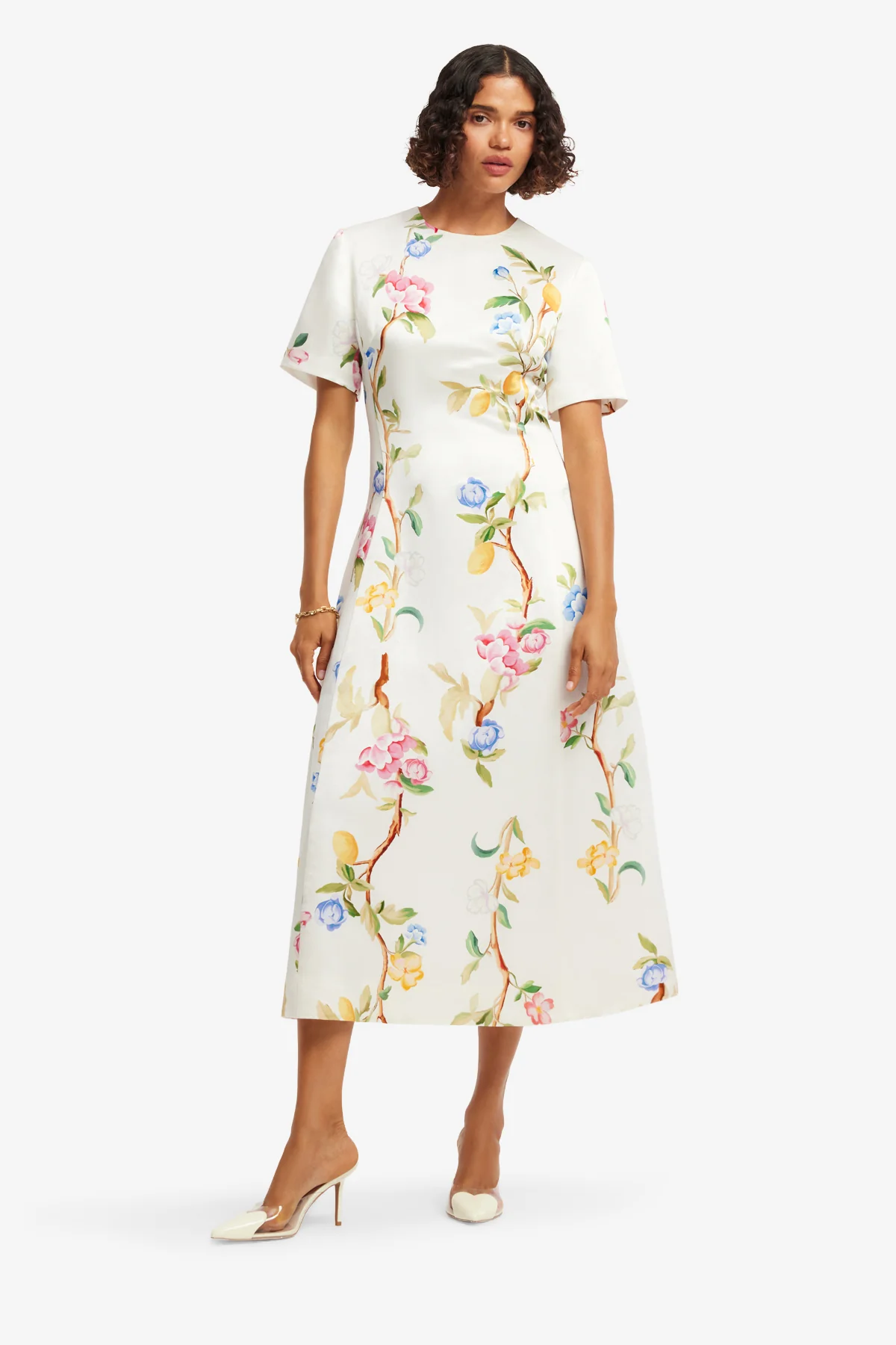 Caroline Short Sleeve Midi Dress - Lemon Vine Print in Snow - Image 3