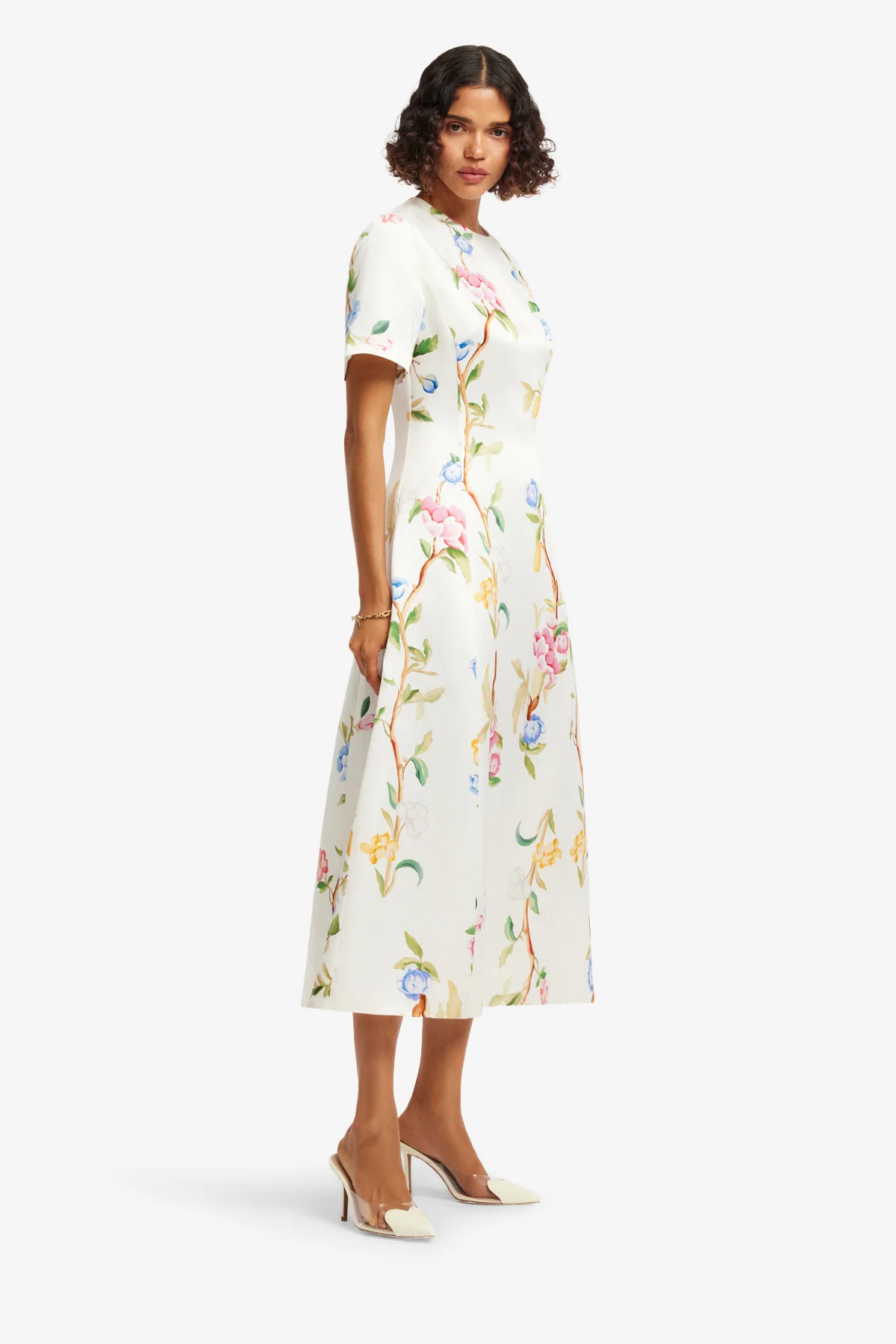Caroline Short Sleeve Midi Dress - Lemon Vine Print in Snow - Image 4