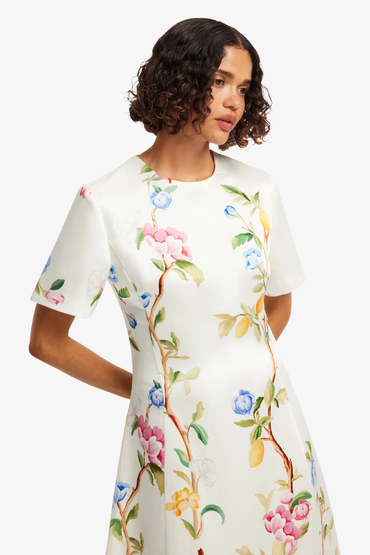 Caroline Short Sleeve Midi Dress - Lemon Vine Print in Snow - Image 6