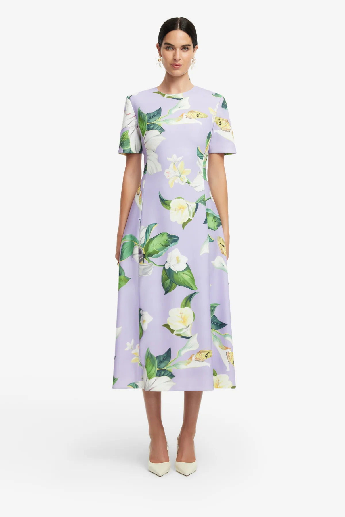 Caroline Short Sleeve Midi Dress - Lily Blossom Print in Lilac - Image 2