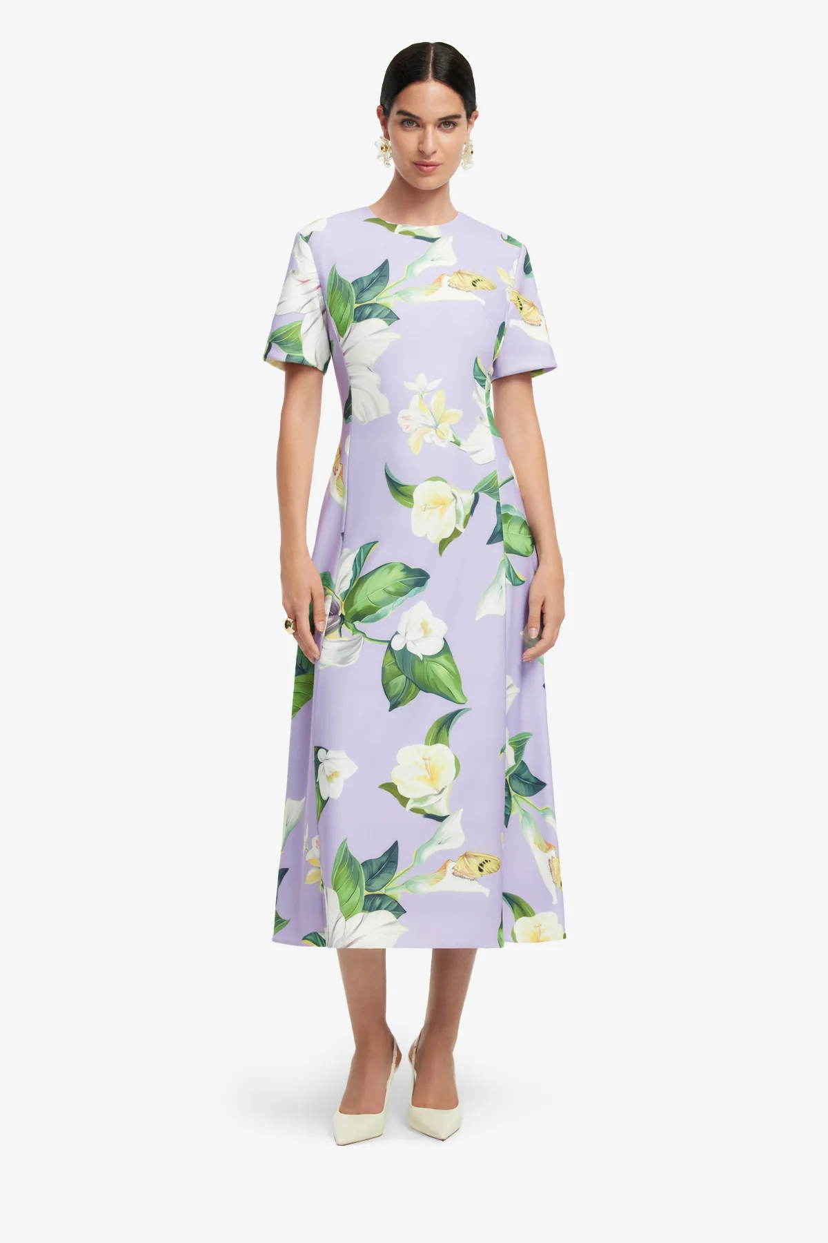 Caroline Short Sleeve Midi Dress - Lily Blossom Print in Lilac - Image 3