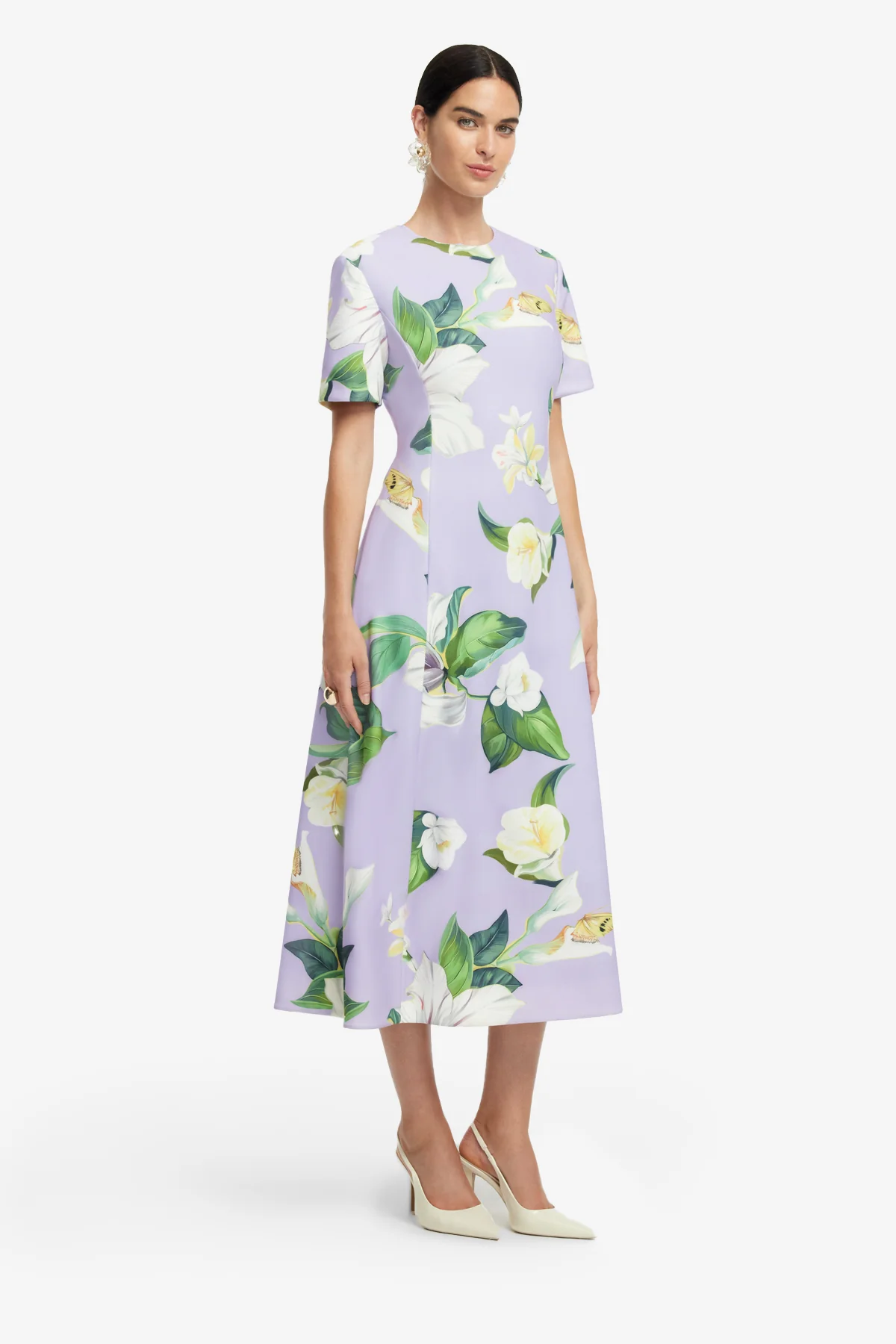 Caroline Short Sleeve Midi Dress - Lily Blossom Print in Lilac - Image 4