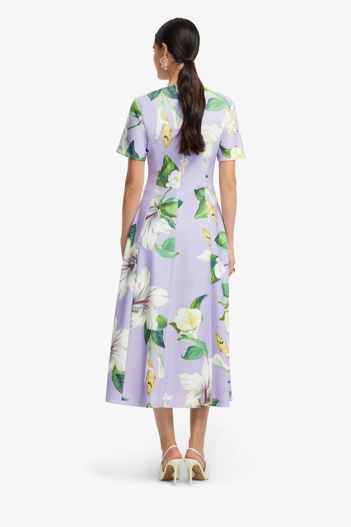Caroline Short Sleeve Midi Dress - Lily Blossom Print in Lilac - Image 5