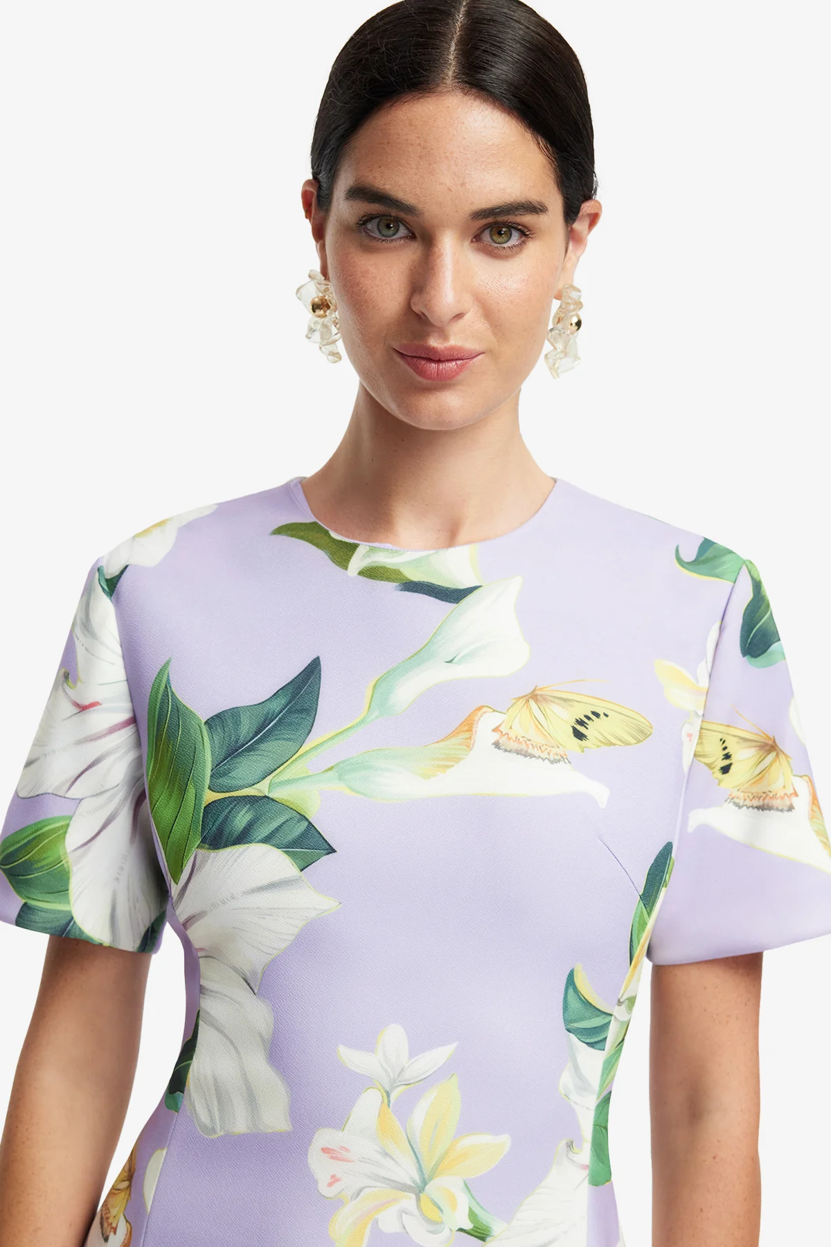 Caroline Short Sleeve Midi Dress - Lily Blossom Print in Lilac - Image 6
