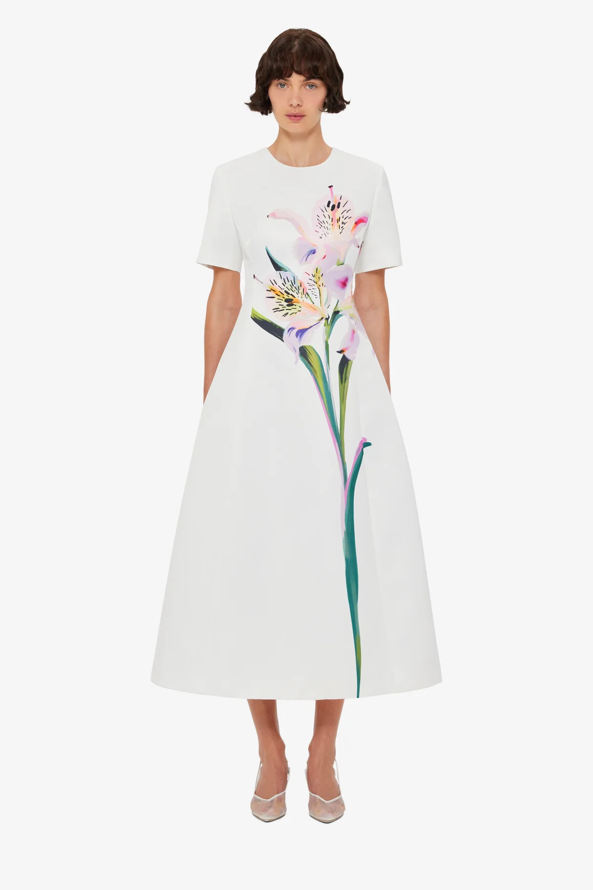 Caroline Short Sleeve Midi Dress - Lily Print in Snow - Image 2
