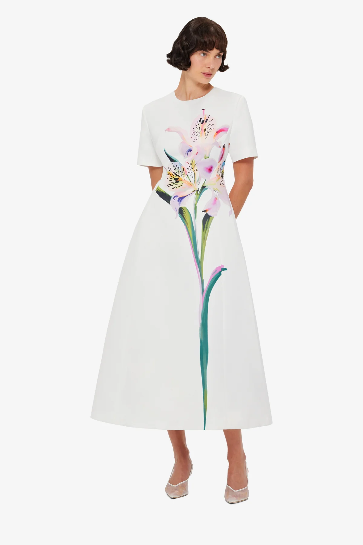 Caroline Short Sleeve Midi Dress - Lily Print in Snow - Image 3