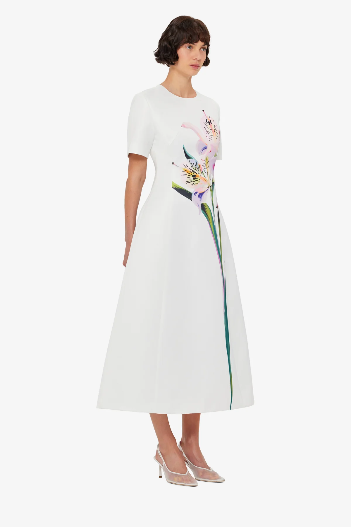 Caroline Short Sleeve Midi Dress - Lily Print in Snow - Image 4