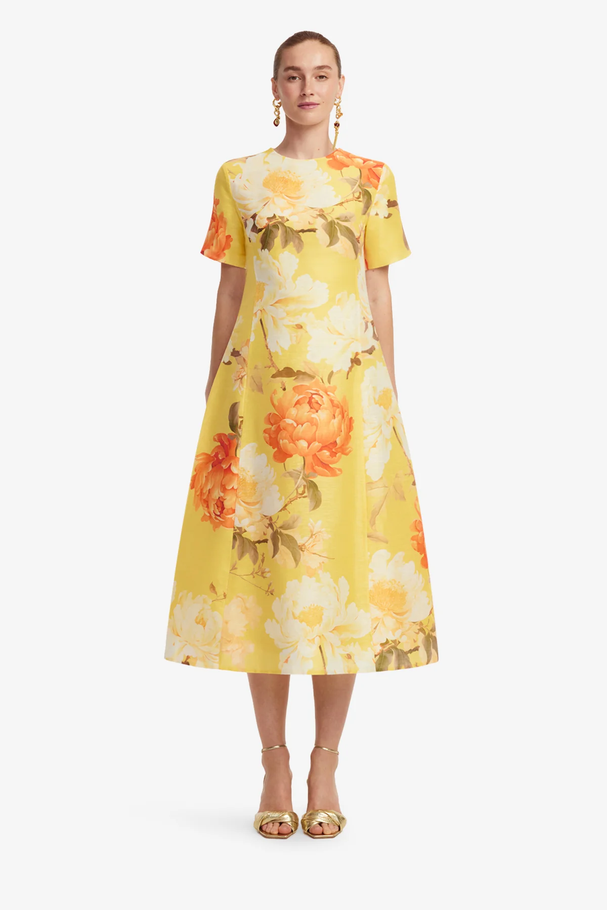 Caroline Short Sleeve Midi Dress  - Peony Print in Yellow - Image 2