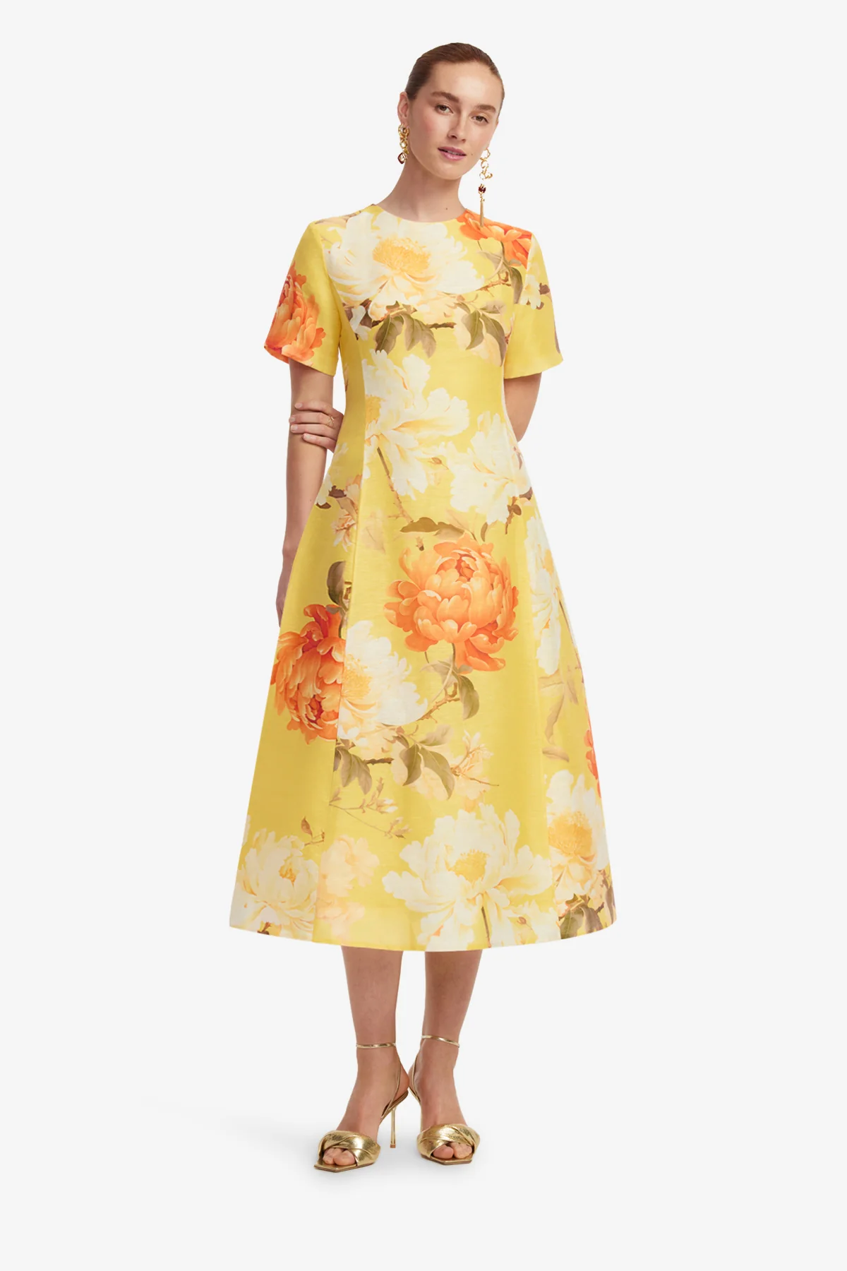 Caroline Short Sleeve Midi Dress  - Peony Print in Yellow - Image 3