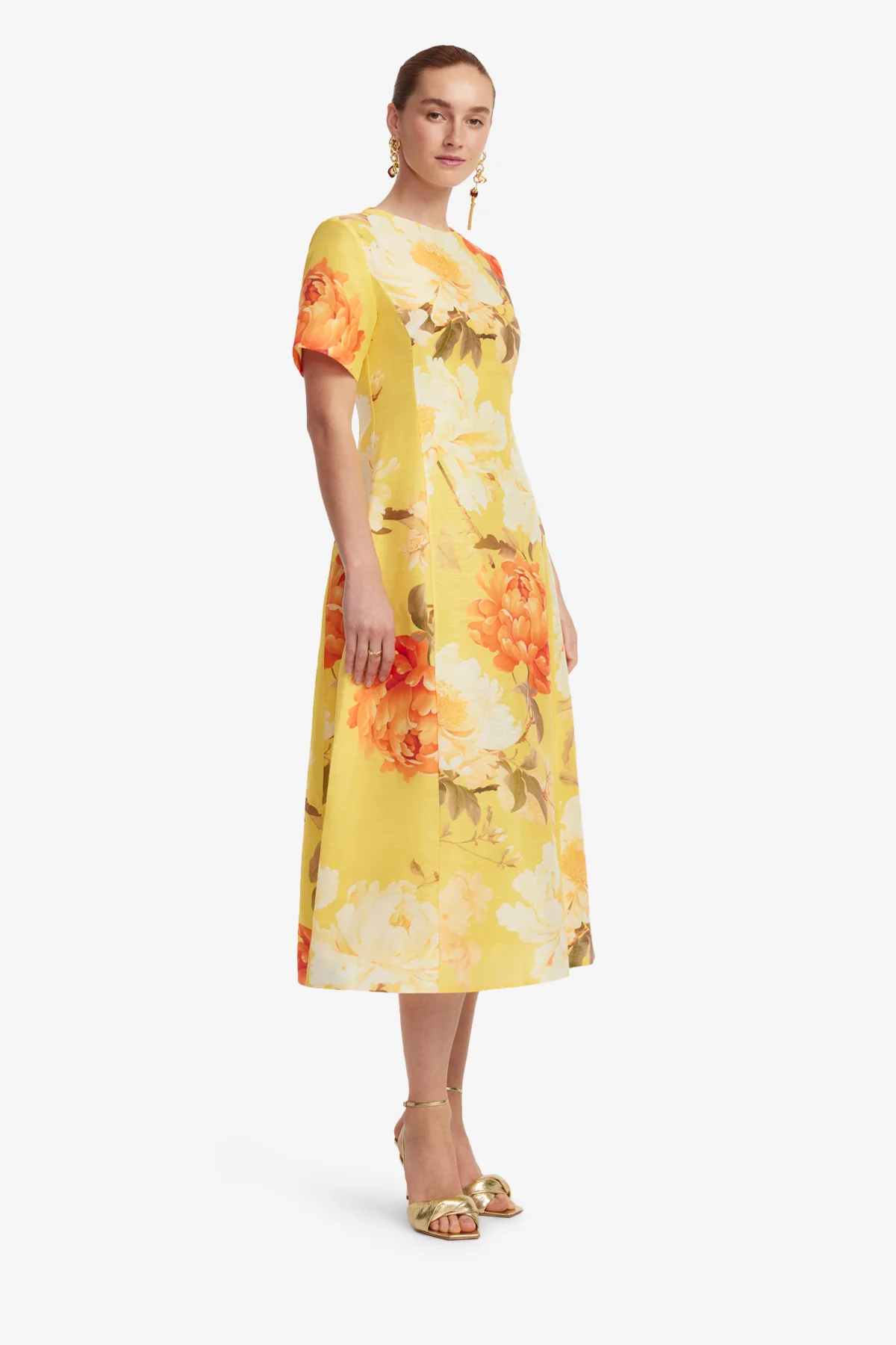 Caroline Short Sleeve Midi Dress  - Peony Print in Yellow - Image 4