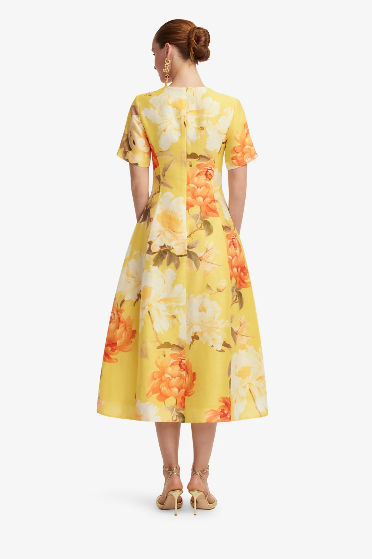 Caroline Short Sleeve Midi Dress  - Peony Print in Yellow - Image 5