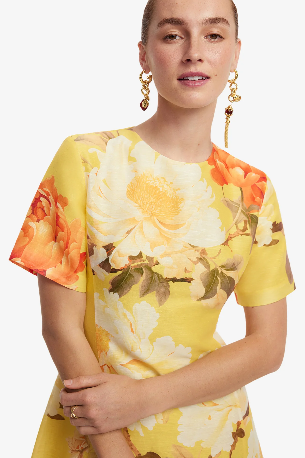 Caroline Short Sleeve Midi Dress  - Peony Print in Yellow - Image 6