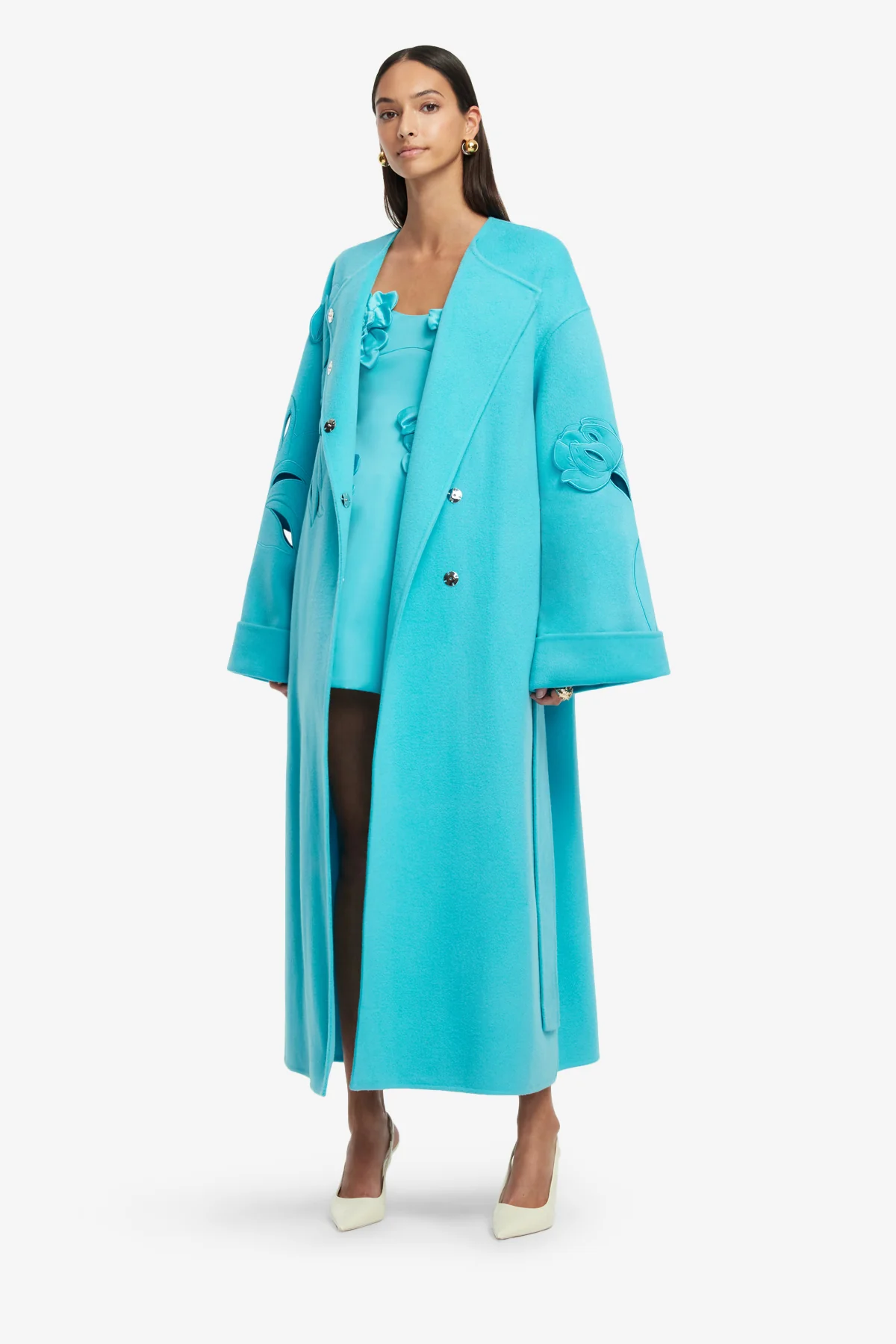 Celestine Appliqué Wool Coat - Aqua - Image 3