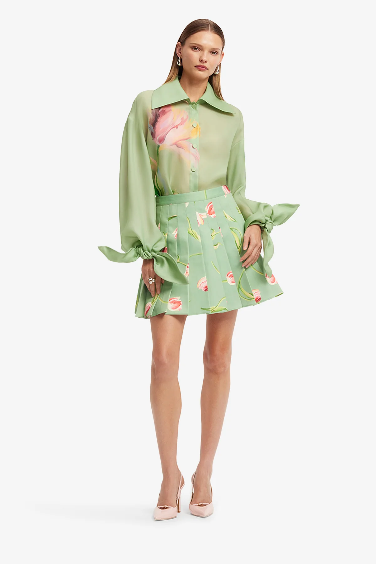 Christina Bow Blouse - Tulip Print in Green - Image 3