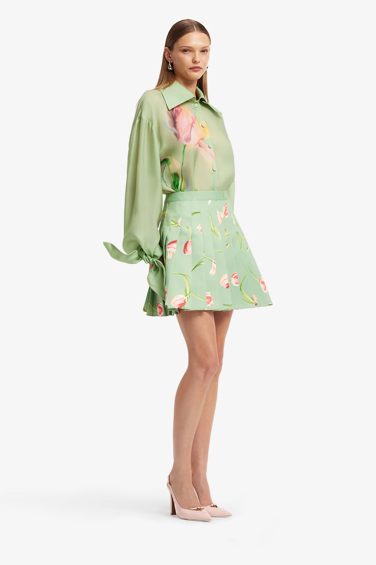 Christina Bow Blouse - Tulip Print in Green - Image 4