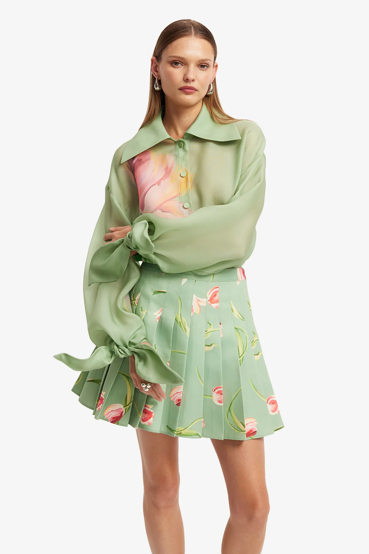 Christina Bow Blouse - Tulip Print in Green - Image 6