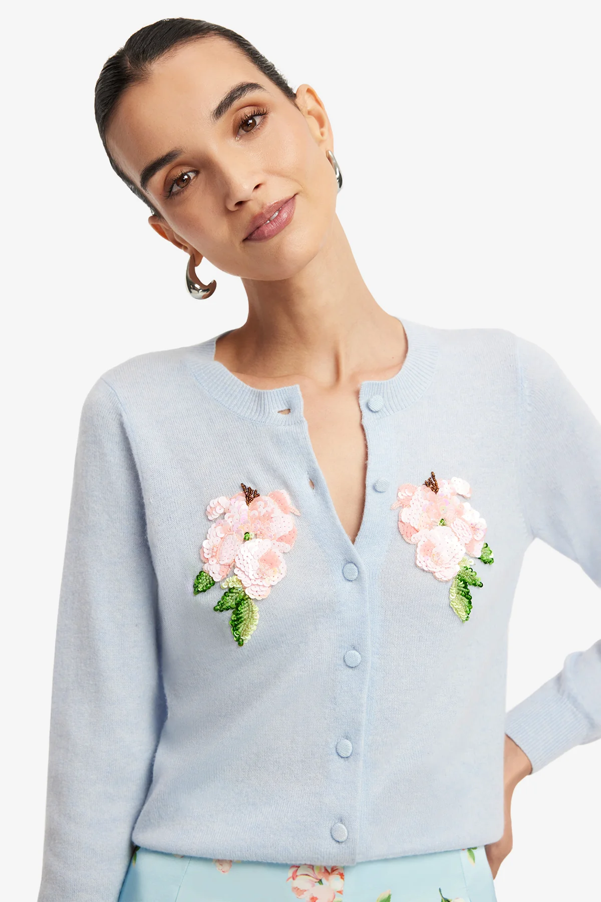 Claire Embellished Knit Cardigan - Ditsy Floral Print in Blue - Image 6