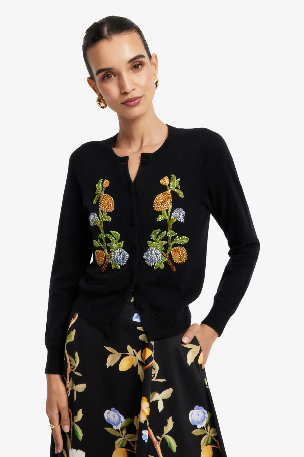 Claire Embellished Knit Cardigan - Lemon Vine Print in Ebony - Image 6