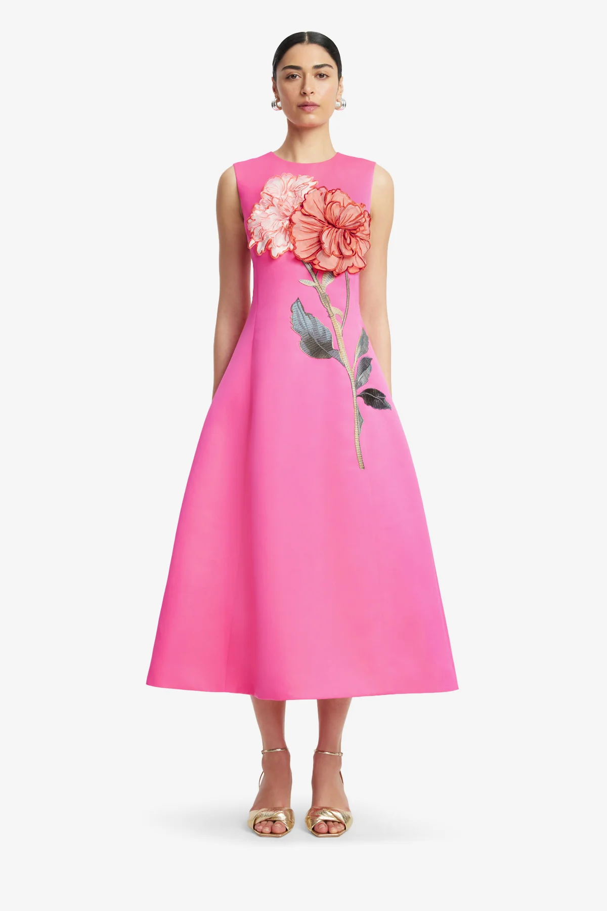 Cleo Appliqué Sleeveless Midi Dress - Peony Print in Fuchsia - Image 2