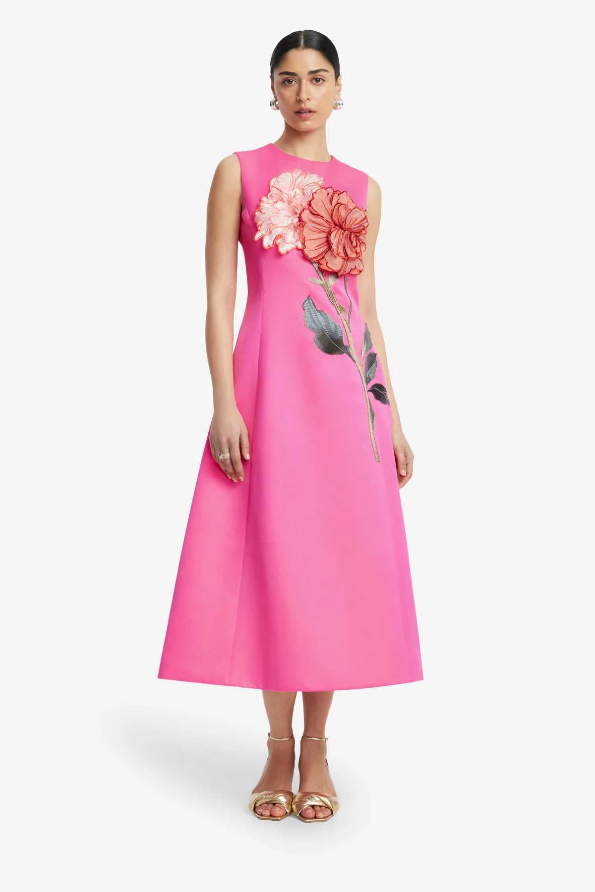 Cleo Appliqué Sleeveless Midi Dress - Peony Print in Fuchsia - Image 3