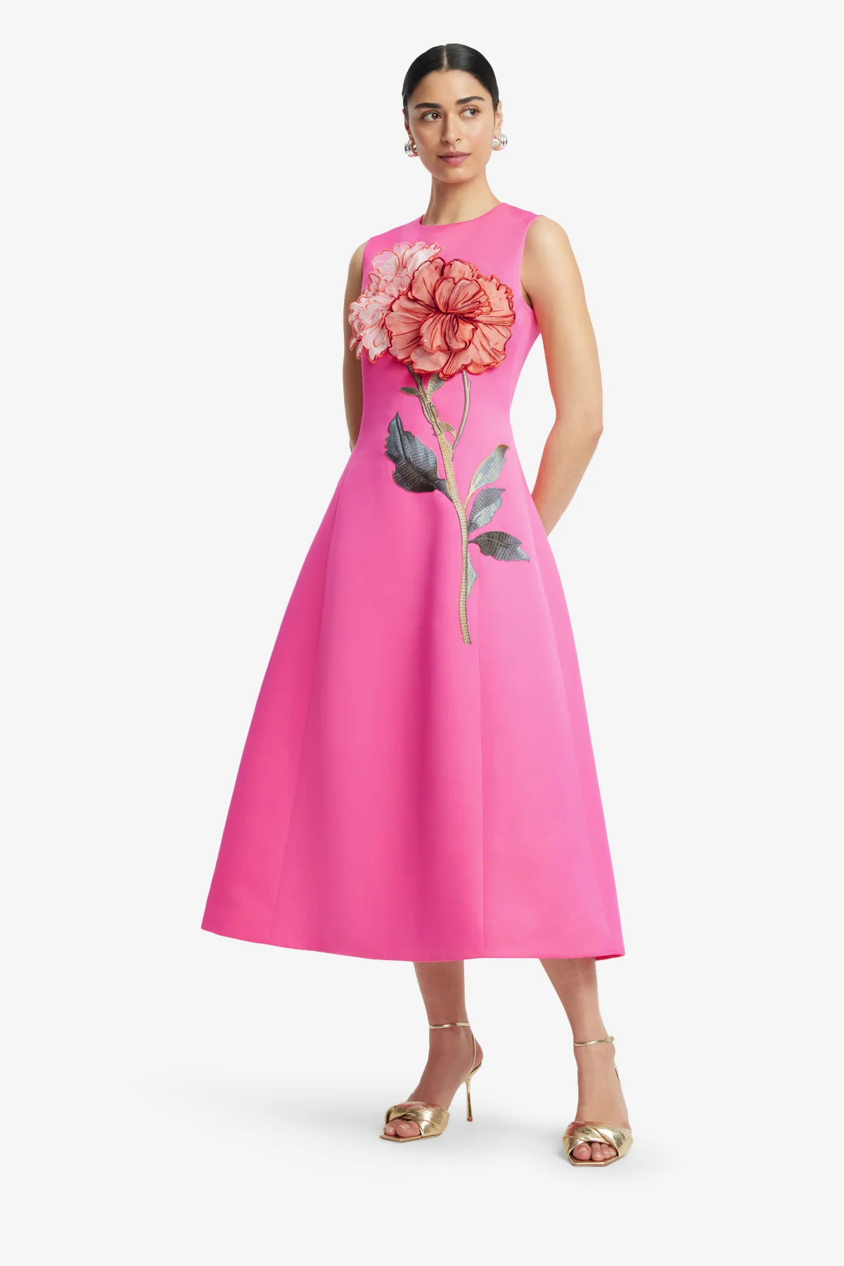Cleo Appliqué Sleeveless Midi Dress - Peony Print in Fuchsia - Image 4