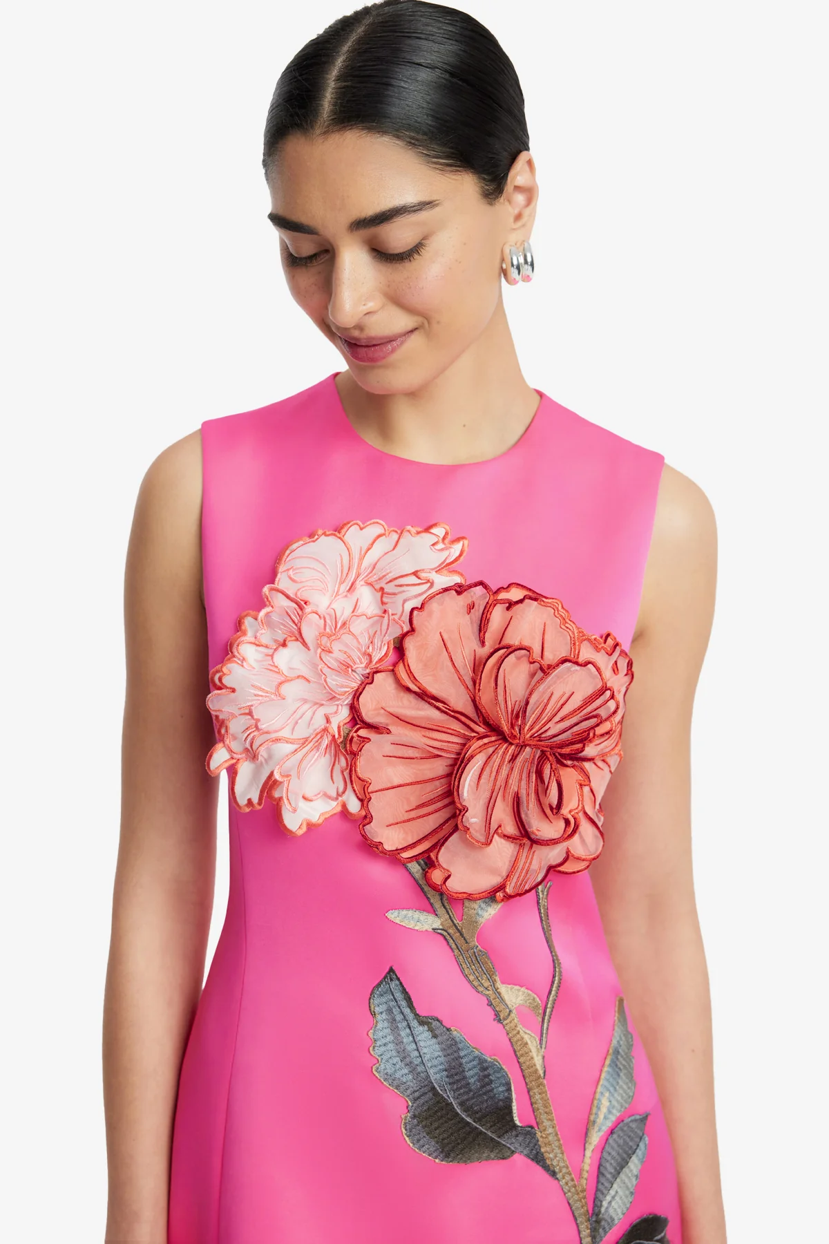 Cleo Appliqué Sleeveless Midi Dress - Peony Print in Fuchsia - Image 6
