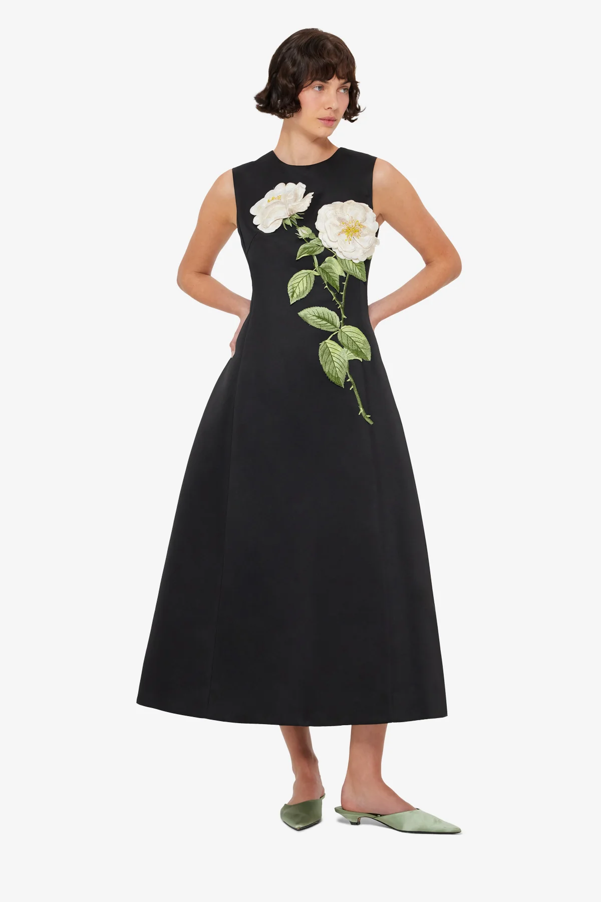 Cleo Embellished Sleeveless Midi Dress - White Rose Print - Image 3