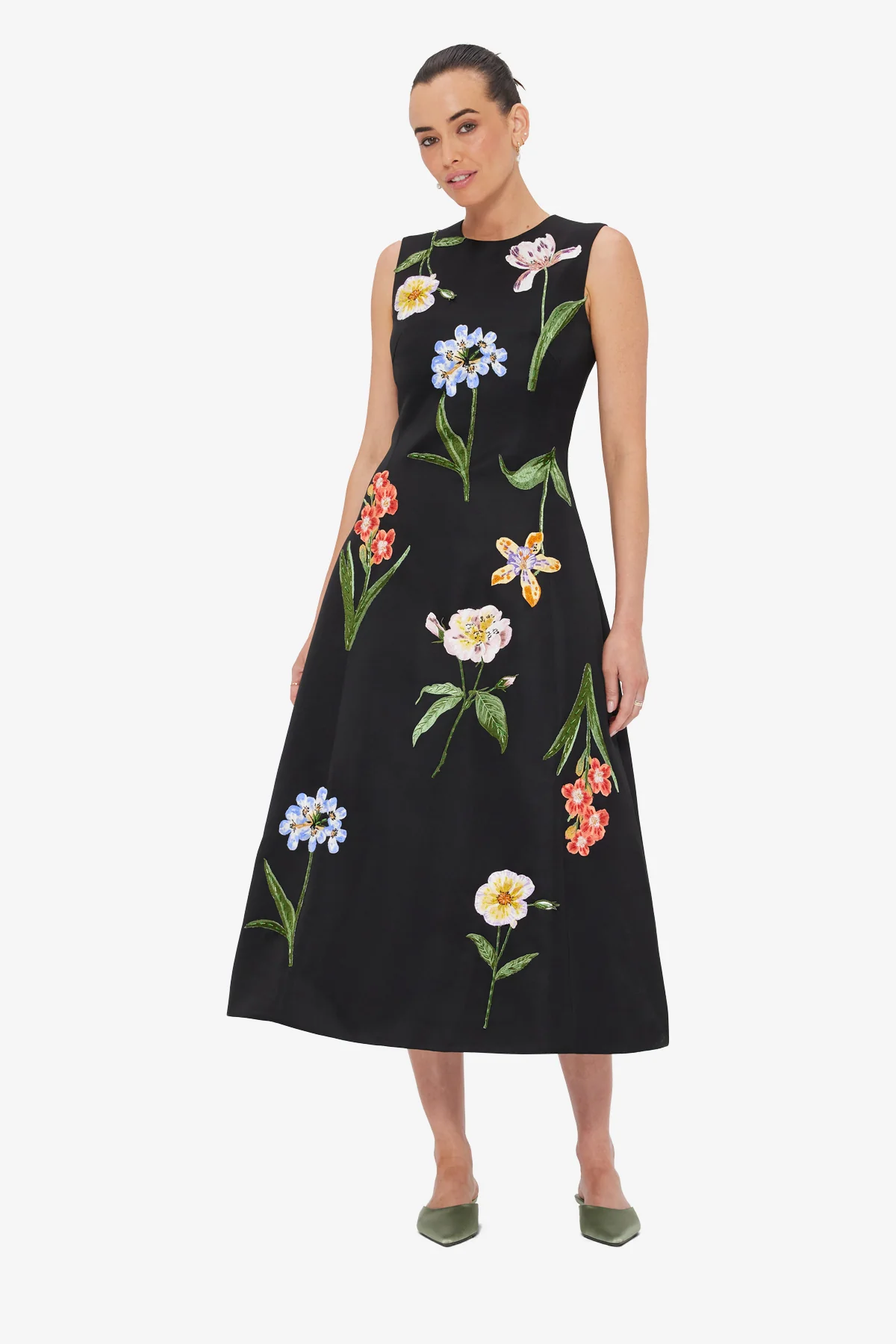 Cleo Embroidered Sleeveless Midi Dress - Botanical Print in Ebony - Image 3