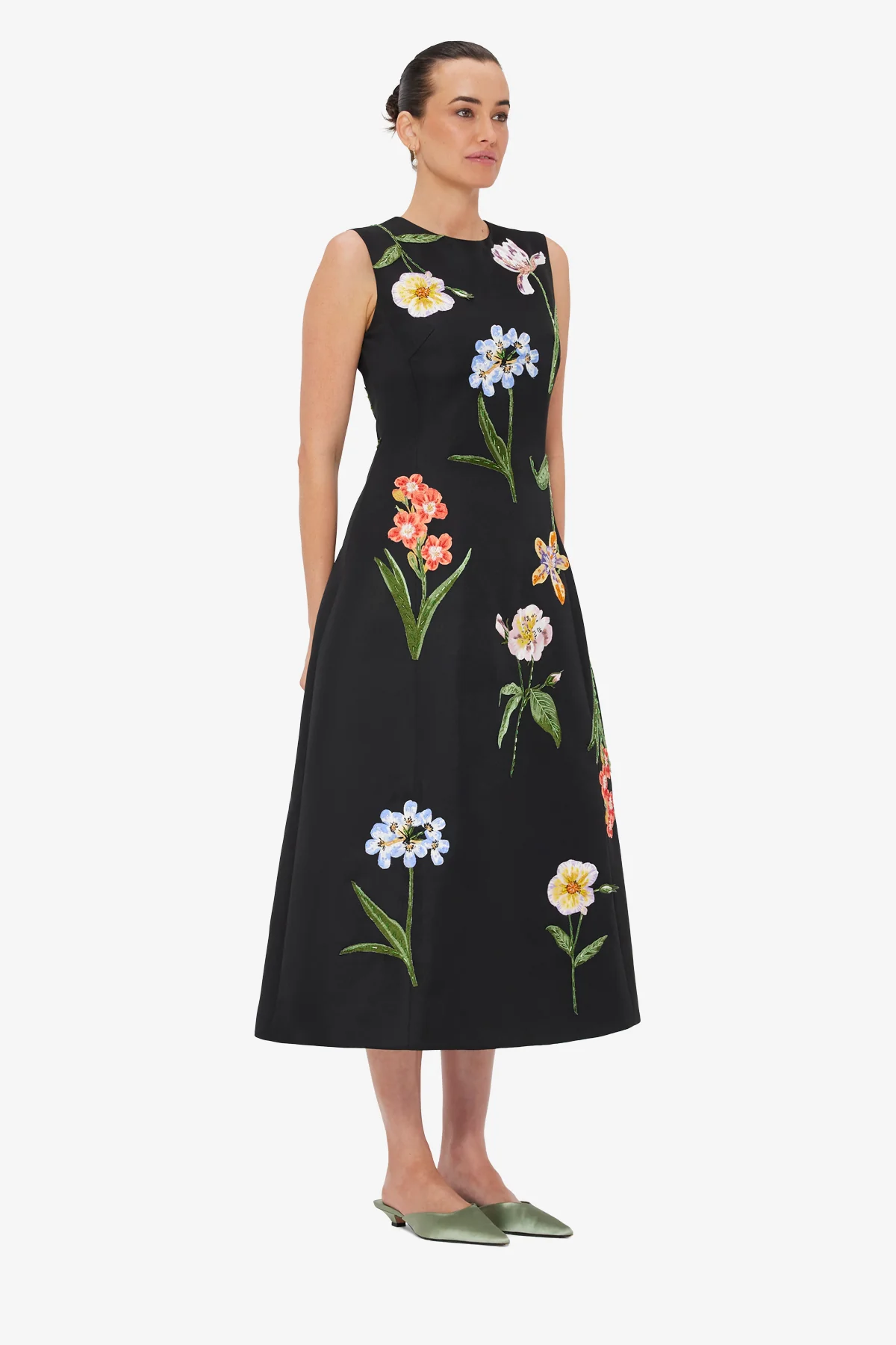 Cleo Embroidered Sleeveless Midi Dress - Botanical Print in Ebony - Image 4