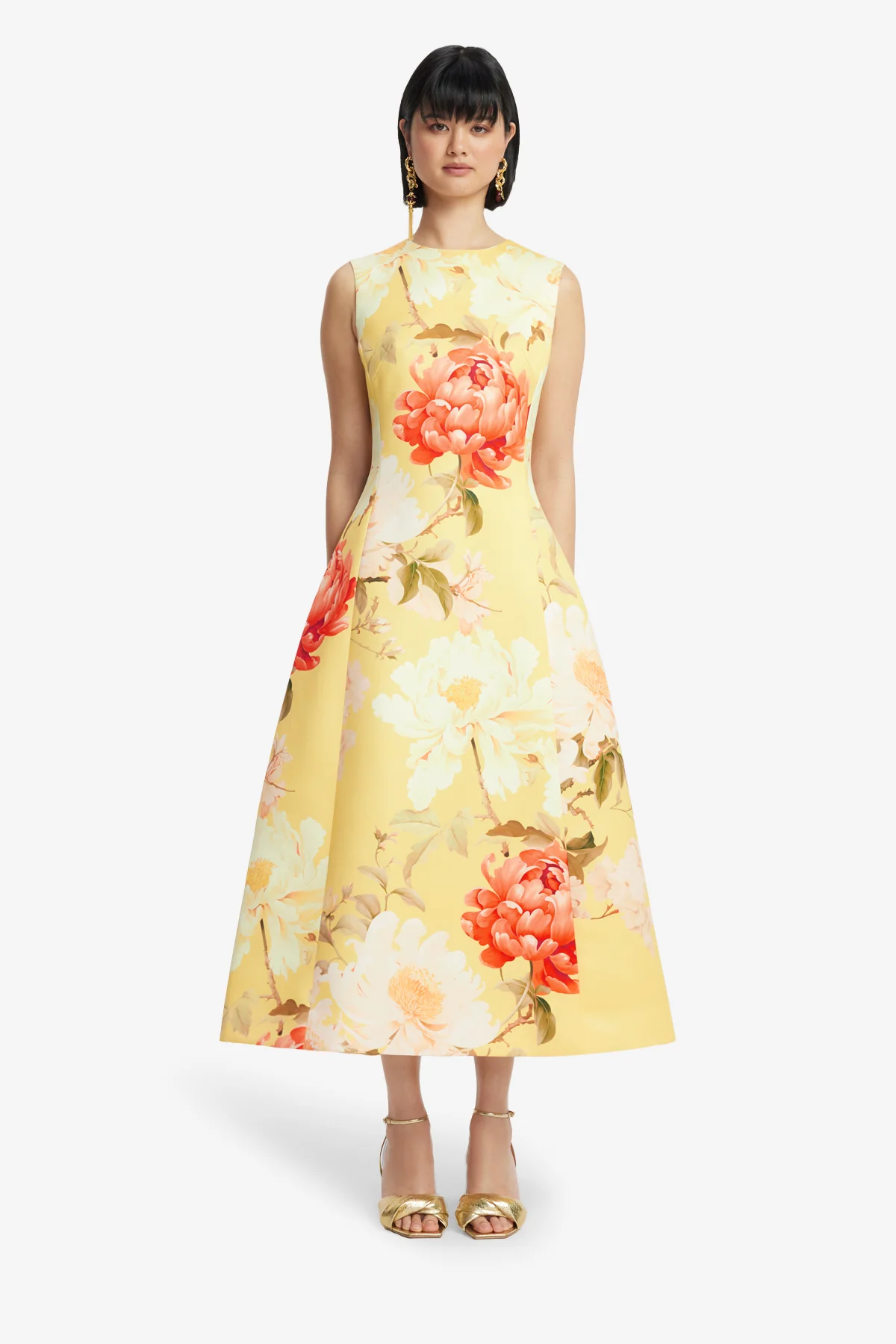 Cleo Sleeveless Midi Dress - Peony Print in Yellow - Image 2