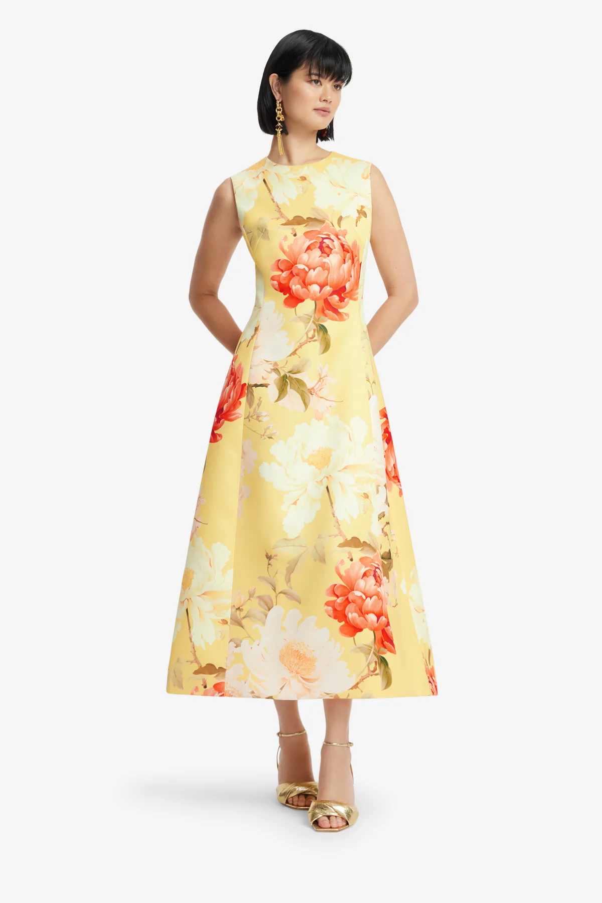 Cleo Sleeveless Midi Dress - Peony Print in Yellow - Image 3
