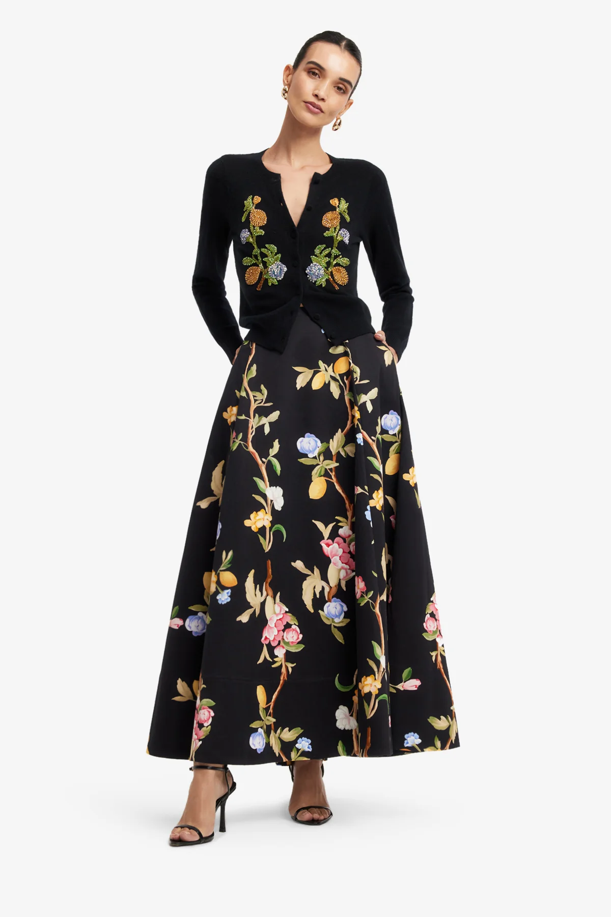 Elina Maxi Skirt - Lemon Vine Print in Ebony - Image 3