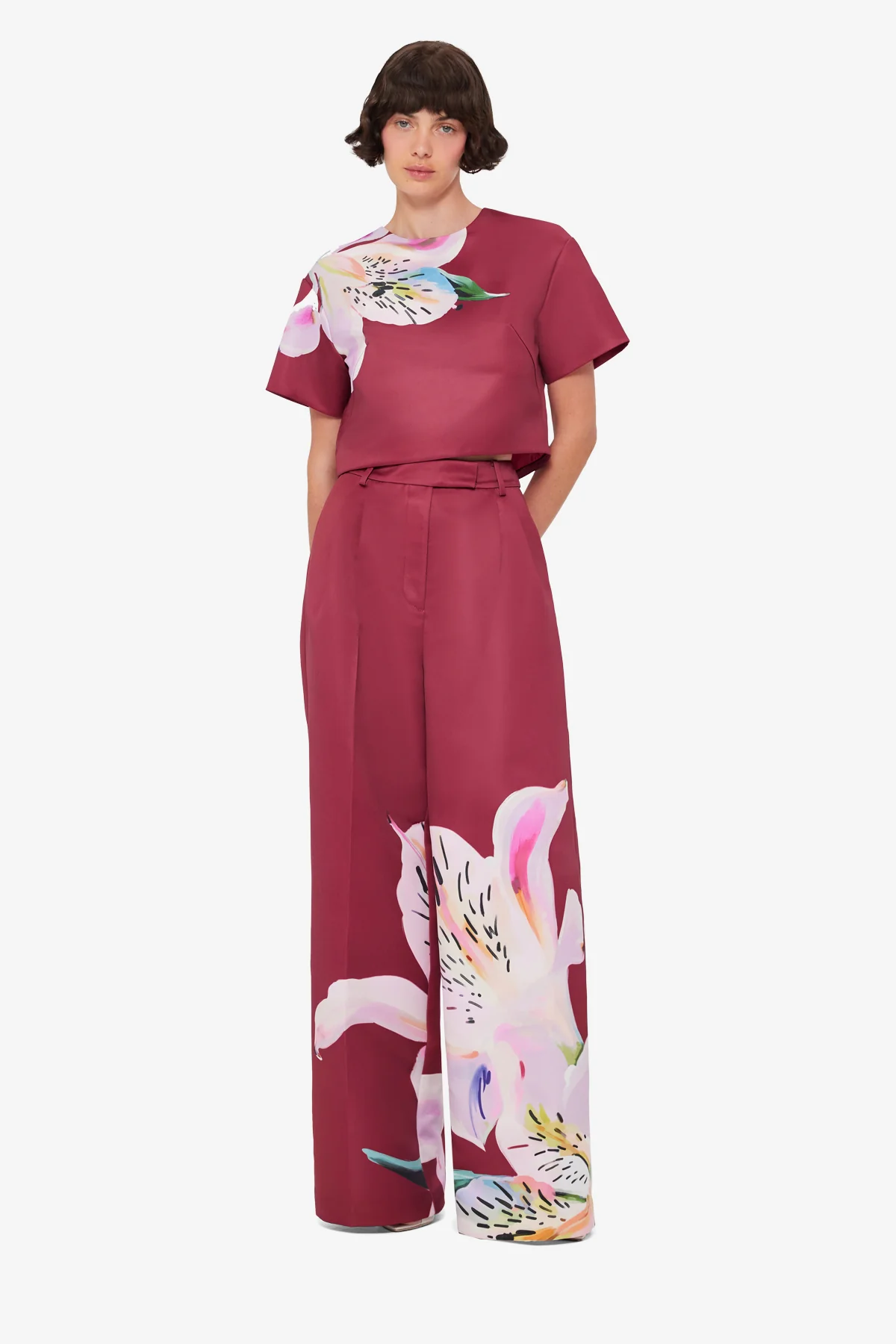 Elisha Wide Leg Pants - Lily Print in Burgundy - Image 3