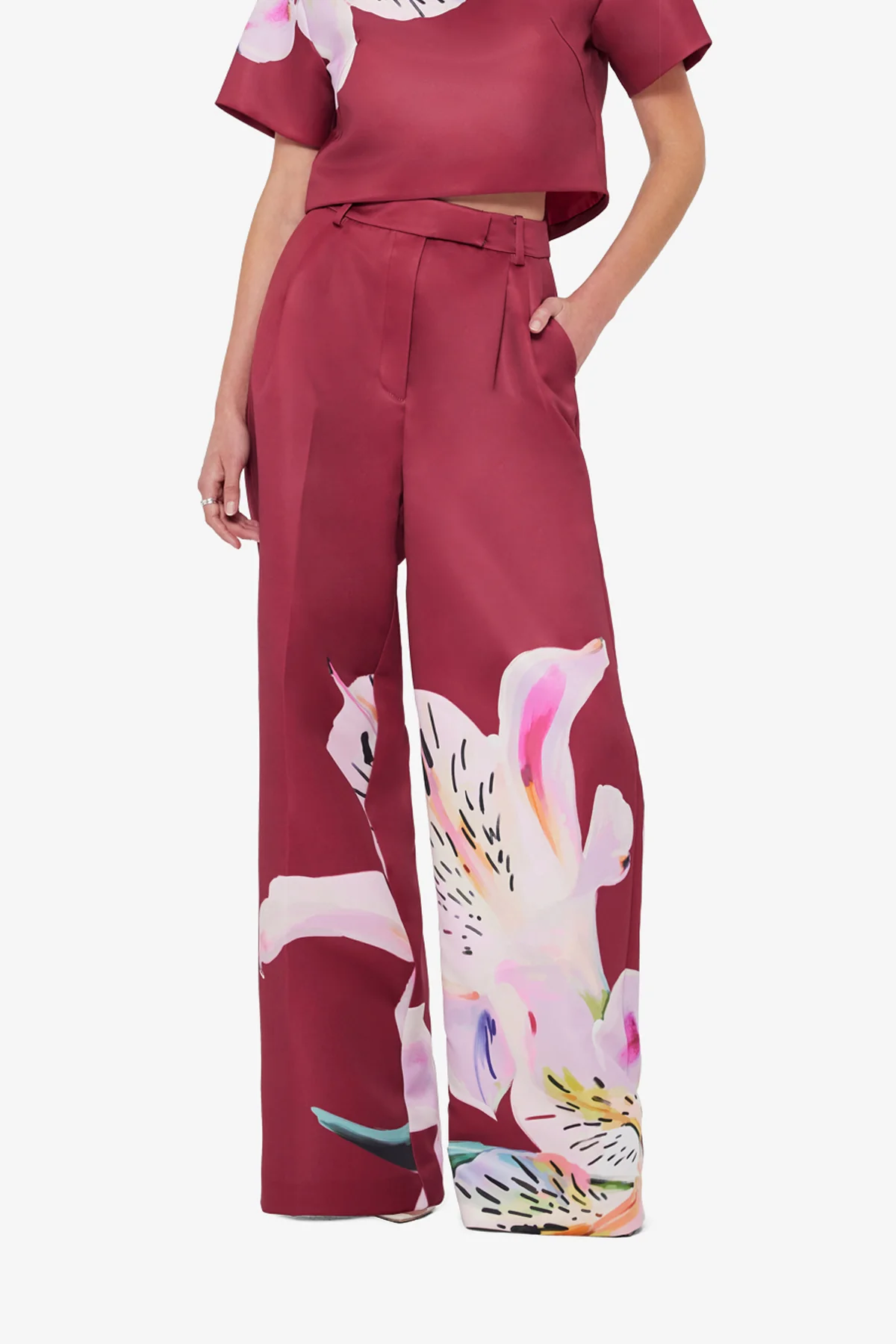 Elisha Wide Leg Pants - Lily Print in Burgundy - Image 6