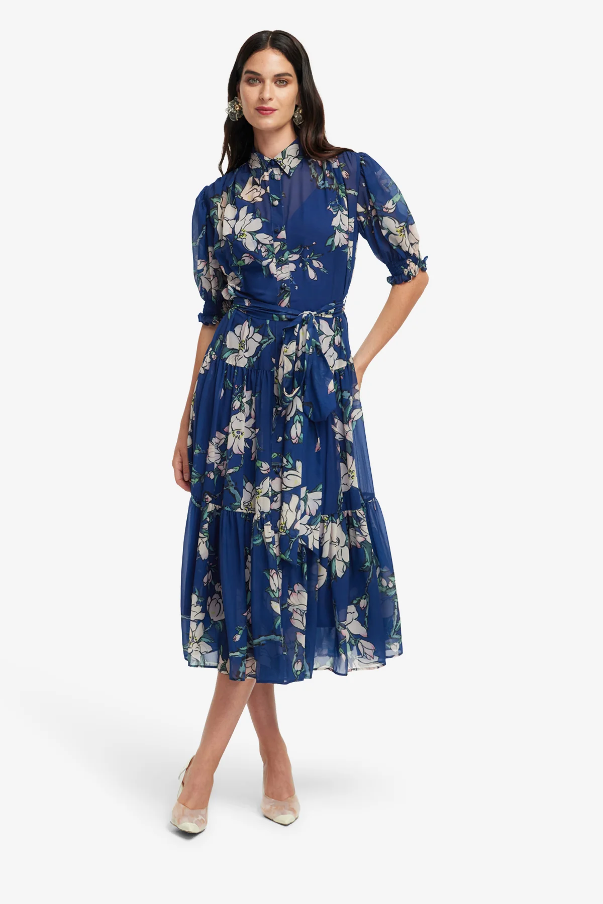 Ellie Bishop Sleeve Midi Dress - Midnight Magnolia Print - Image 3