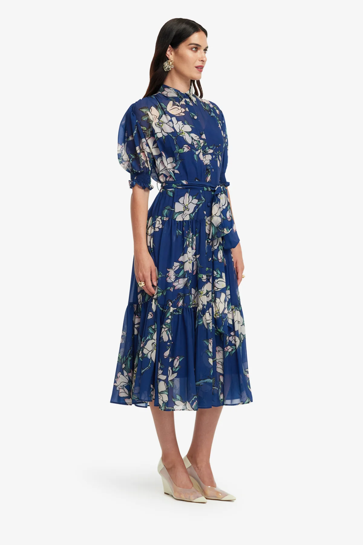 Ellie Bishop Sleeve Midi Dress - Midnight Magnolia Print - Image 4
