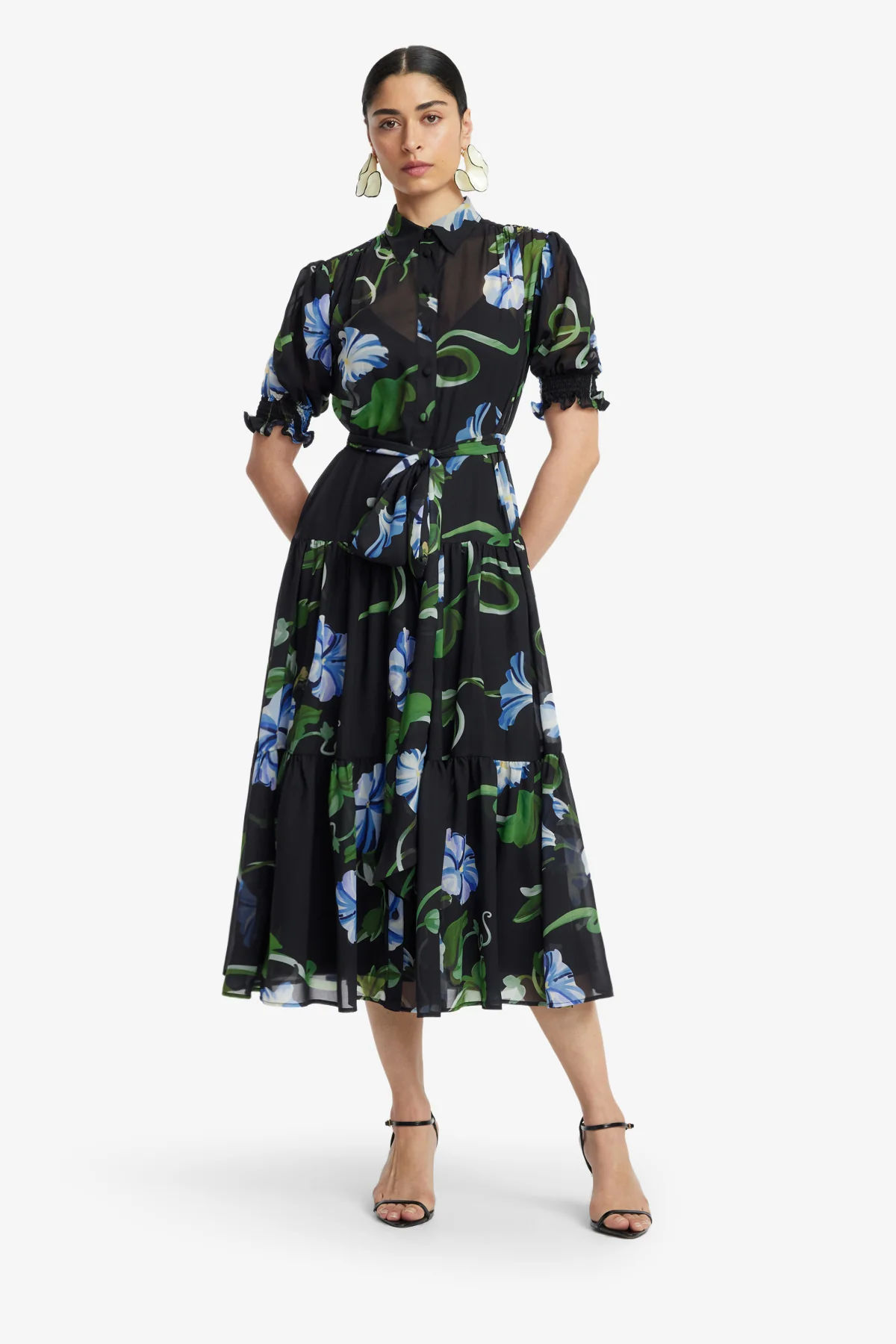 Ellie Bishop Sleeve Midi Dress - Vine Print in Ebony - Image 3
