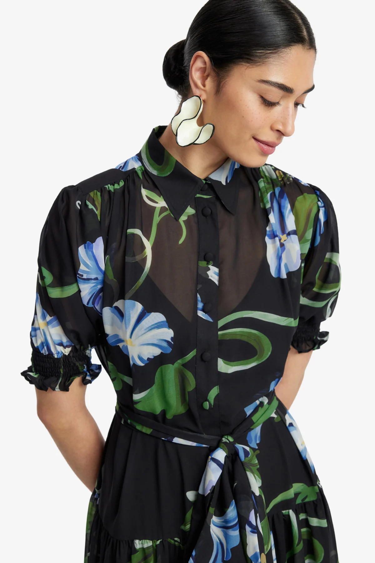 Ellie Bishop Sleeve Midi Dress - Vine Print in Ebony - Image 6