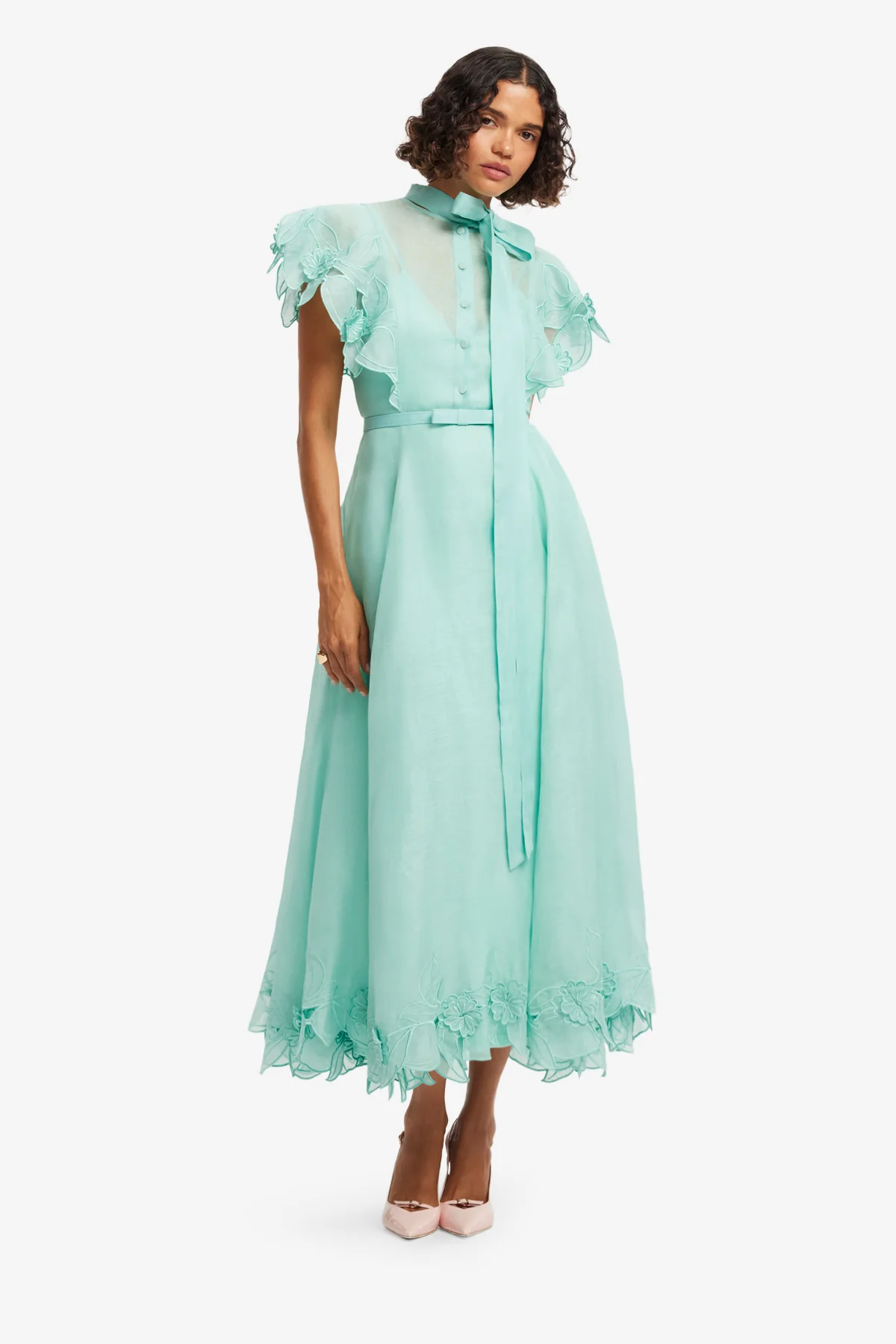 Elsie Appliqué Flutter Sleeve Maxi Dress - Pale Turquoise - Image 3